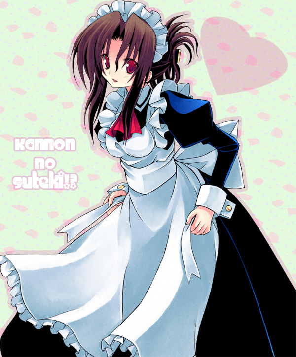 kannon ouji, maria (hayate no gotoku!), hayate no gotoku!, 00s, 1girl, apron, ascot, brown hair, cuff links, dress, female focus, folded ponytail, heart, juliet sleeves, long sleeves, maid, maid apron, maid headdress, puffy sleeves, red eyes, smile, solo