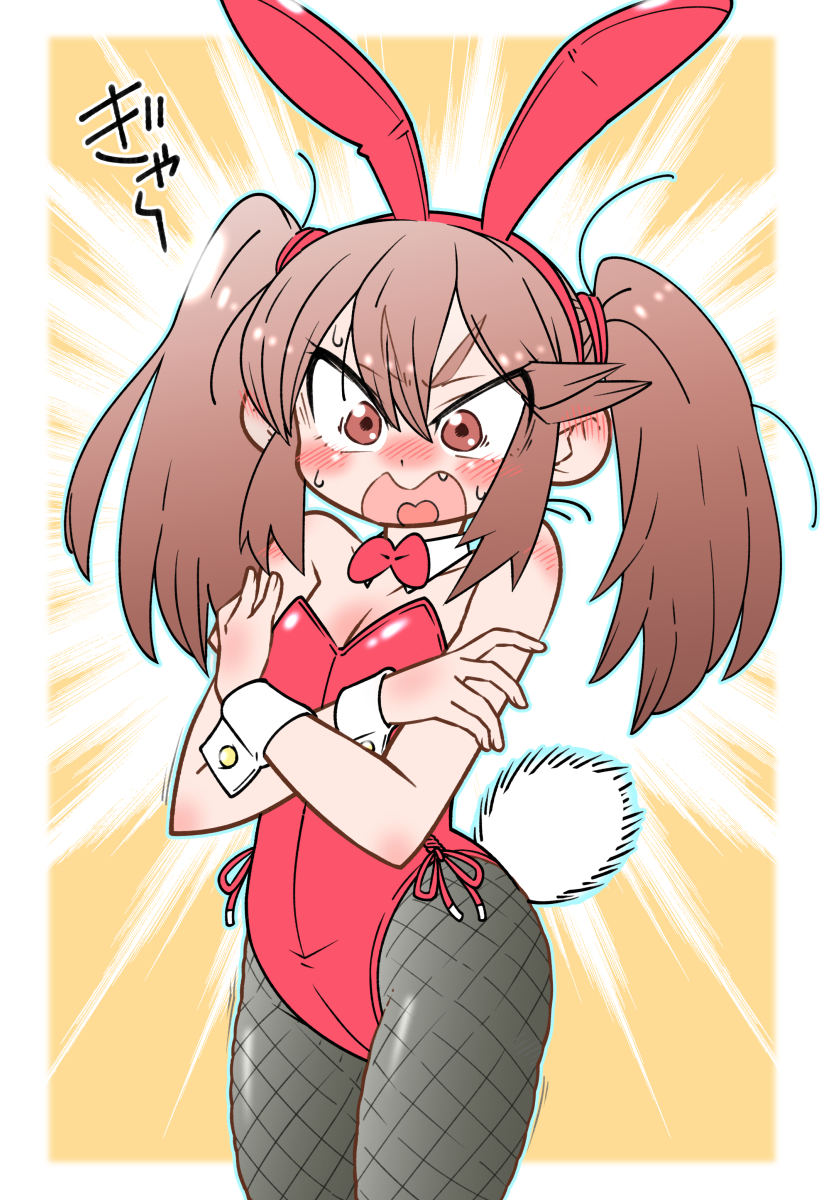 shin (shin k009), ryuujou (kancolle), kantai collection, highres, 1girl, animal ear hairband, animal ears, black pantyhose, bow, bowtie, brown eyes, brown hair, cowboy shot, crossed arms, detached collar, fake animal ears, fang, fishnet pantyhose, fishnets, hairband, leotard, long hair, looking down, open mouth, pantyhose, playboy bunny, rabbit ears, rabbit tail, red bow, red bowtie, red leotard, side-tie leotard, solo, strapless, strapless leotard, tail, twintails, v-shaped eyebrows, wrist cuffs