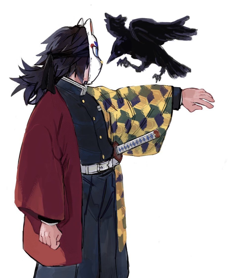 kanzaburou (kimetsu no yaiba), tomioka giyuu, kimetsu no yaiba, 1boy, belt, bird, black hair, black jacket, black pants, buttons, crow, demon slayer uniform, fox mask, haori, jacket, japanese clothes, katana, low ponytail, male focus, mask, outstretched arm, pants, ponytail, print haori, profile, puffy pants, red haori, simple background, solo, spiked hair, standing, sword, toka rie, weapon, white background, white belt