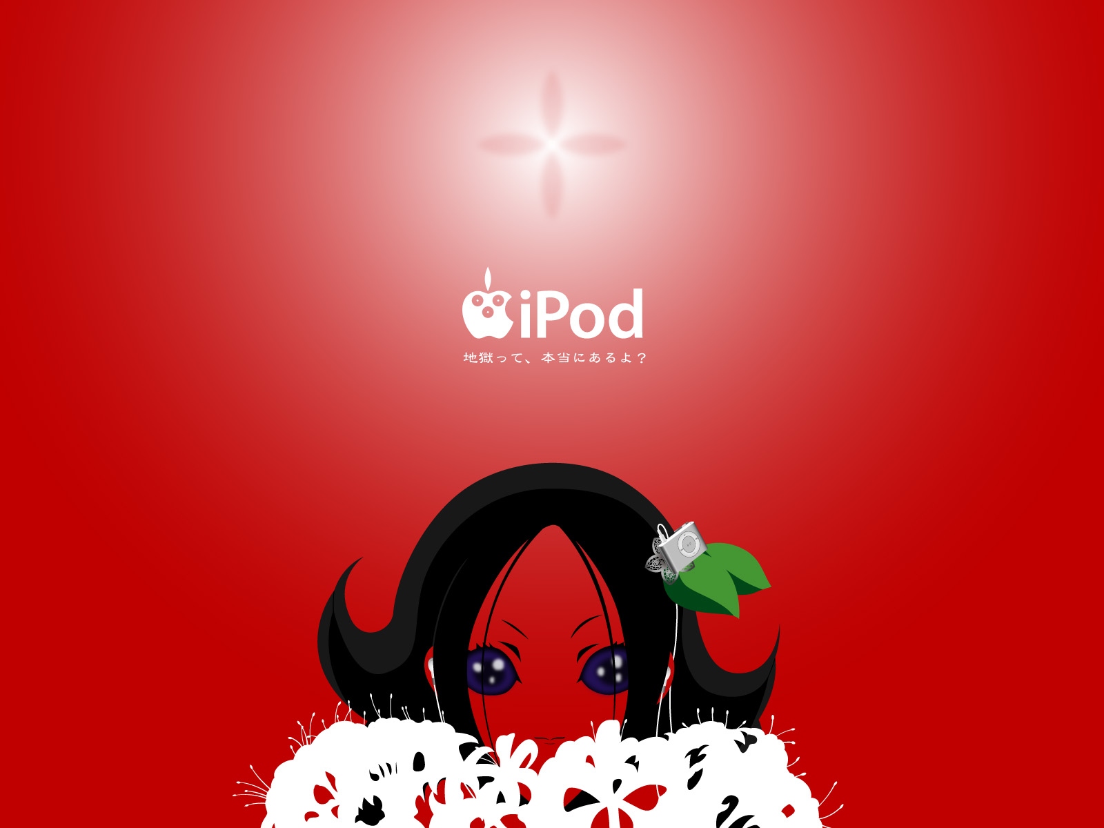 kikuri, apple inc., jigoku shoujo, highres, tagme, 00s, 1girl, digital media player, earphones, facing viewer, female focus, ipod, ipod ad, limited palette, looking at viewer, parody, red background, simple background, solo