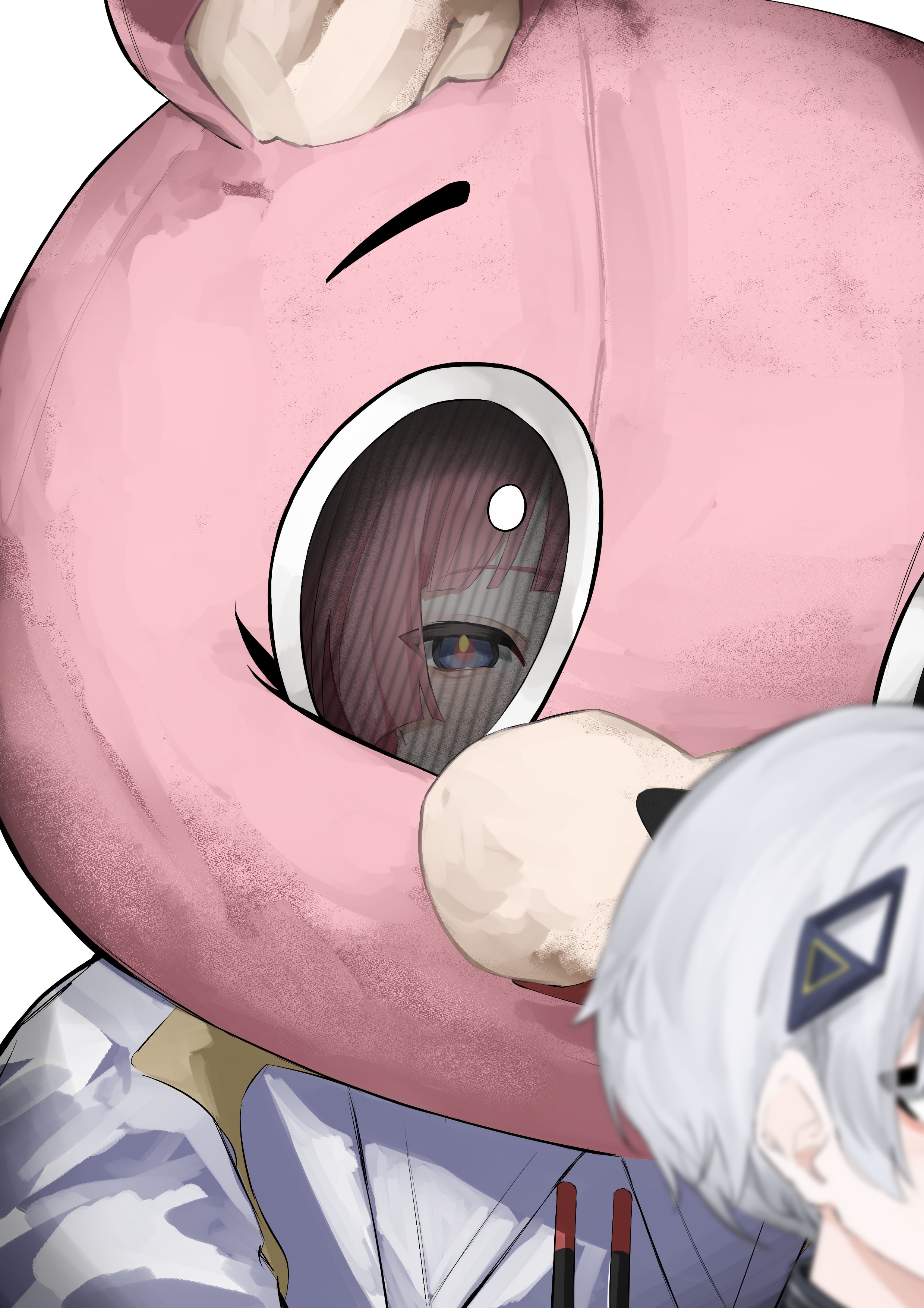 momori0118, kaf (kamitsubaki studio), kafu (cevio), cevio, kamitsubaki studio, absurdres, highres, 2girls, animal costume, bear costume, blue eyes, blurry, blurry foreground, blursed jollibee mascot suit (meme), depth of field, hair ornament, looking at viewer, mascot costume, meme, multiple girls, pink hair, short hair, simple background, virtual youtuber, white background, white hair, yellow pupils