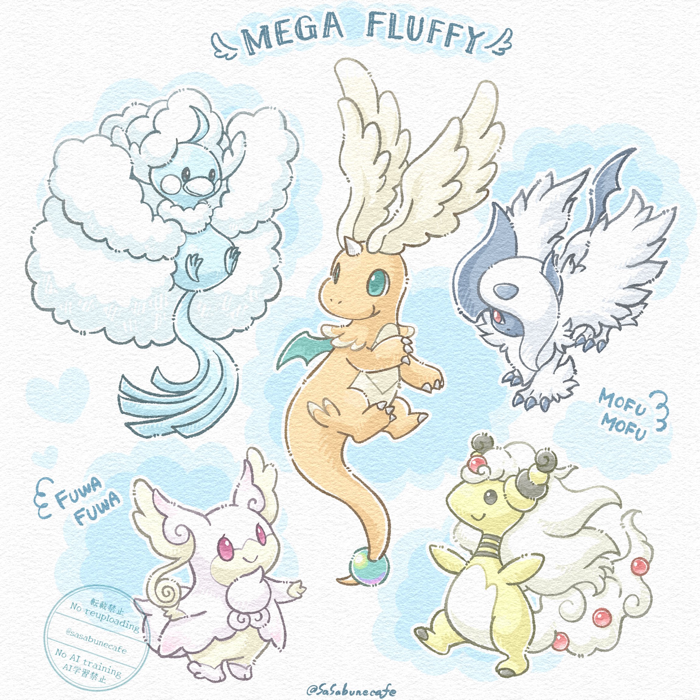 sasabunecafe, absol, altaria, ampharos, audino, dragonite, mega absol, mega altaria, mega ampharos, mega audino, mega dragonite, nintendo, pokemon, highres, animal focus, beak, bird, claws, closed mouth, dragon, feathered wings, feathers, fluffy, full body, gen 1 pokemon, gen 2 pokemon, gen 3 pokemon, gen 5 pokemon, green eyes, hair over one eye, head wings, horns, mega pokemon, no humans, one eye covered, pokemon (creature), pokemon focus, red eyes, single horn, smile, tail, white feathers, white fur, white hair, white wings, wings