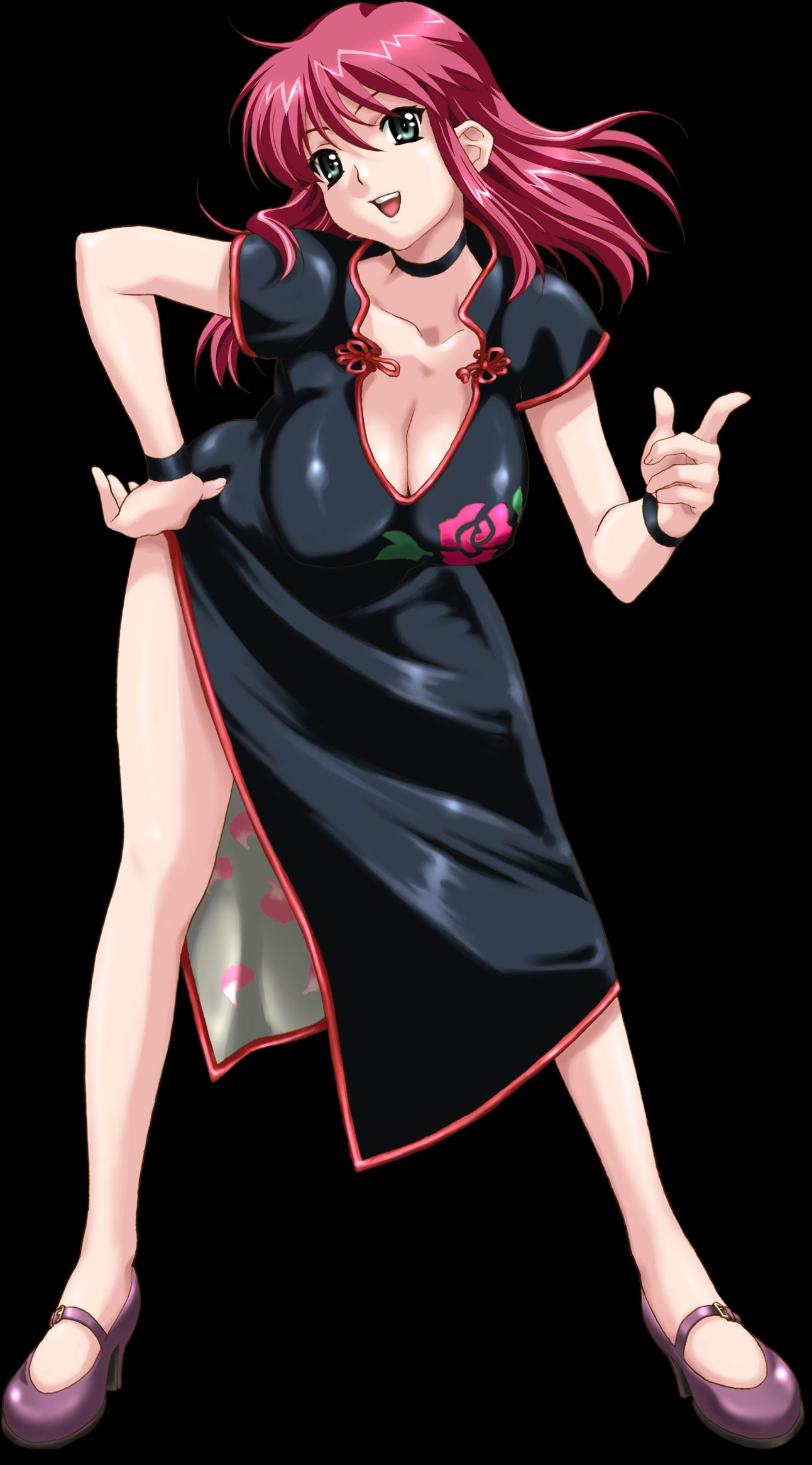 happoubi jin, iihara nao, boin, boin lecture, game cg, highres, 00s, 1girl, :d, bent over, black background, black dress, breasts, china dress, chinese clothes, choker, cleavage, dress, facing viewer, female focus, floating hair, floral print, flower, flower print, full body, green eyes, hand on own hip, hand up, happy, head tilt, high heels, huge breasts, index finger raised, large breasts, leaning forward, legs apart, long hair, looking at viewer, no socks, open mouth, pink hair, red hair, rose, rose print, shoes, short sleeves, simple background, smile, solo, standing, tachi-e, teeth, tongue, wristband