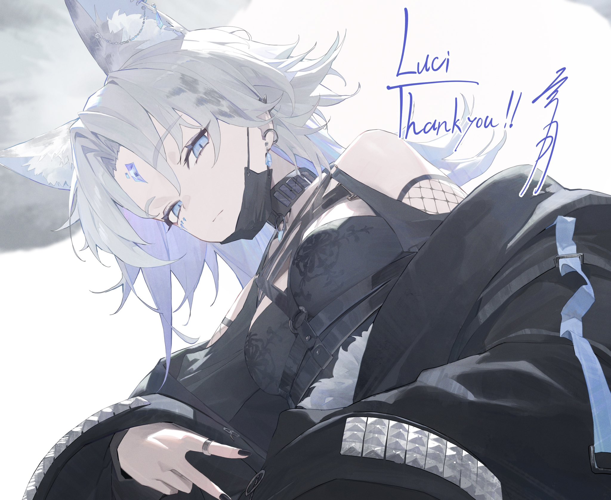 yu (ba9ama), feixiao (honkai: star rail), honkai: star rail, honkai (series), character request, check character, commentary request, commission, highres, skeb commission, 1girl, animal ear fluff, animal ears, bare shoulders, black jacket, black nails, blue eyes, breasts, earrings, english text, facial mark, forehead jewel, fox ears, fox girl, jacket, jewelry, looking at viewer, mark under eye, mask, mask pull, medium breasts, mouth mask, nail polish, off shoulder, solo, upper body, v