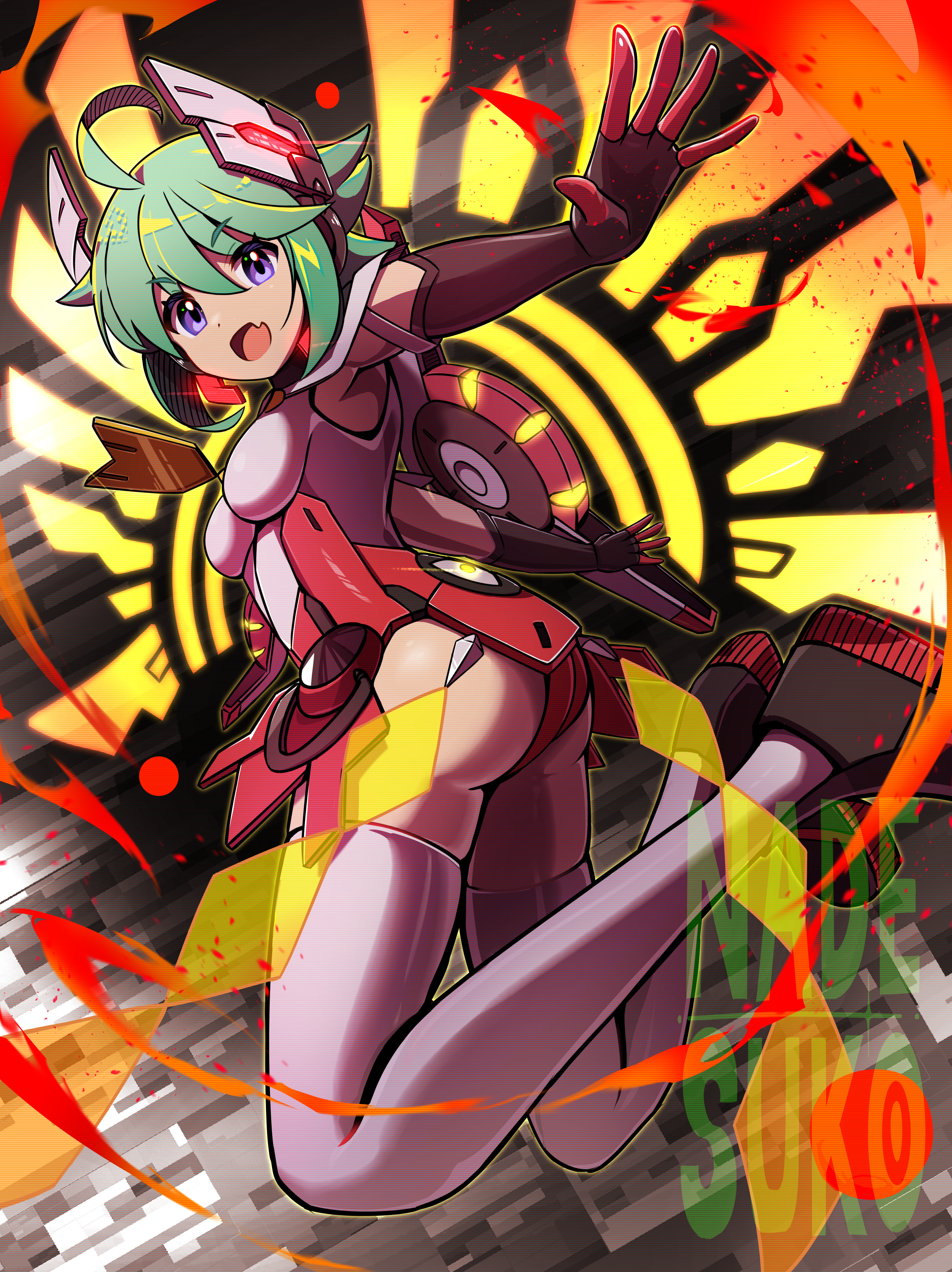 nadesukos, roro (gunvolt), azure striker gunvolt, azure striker gunvolt 2, absurdres, highres, 1girl, ass, breasts, energy wings, fang, green hair, headgear, leotard, looking at viewer, open mouth, orange wings, red wings, short hair, skin fang, small breasts, solo, thighhighs, white leotard, white thighhighs, wings, yellow wings