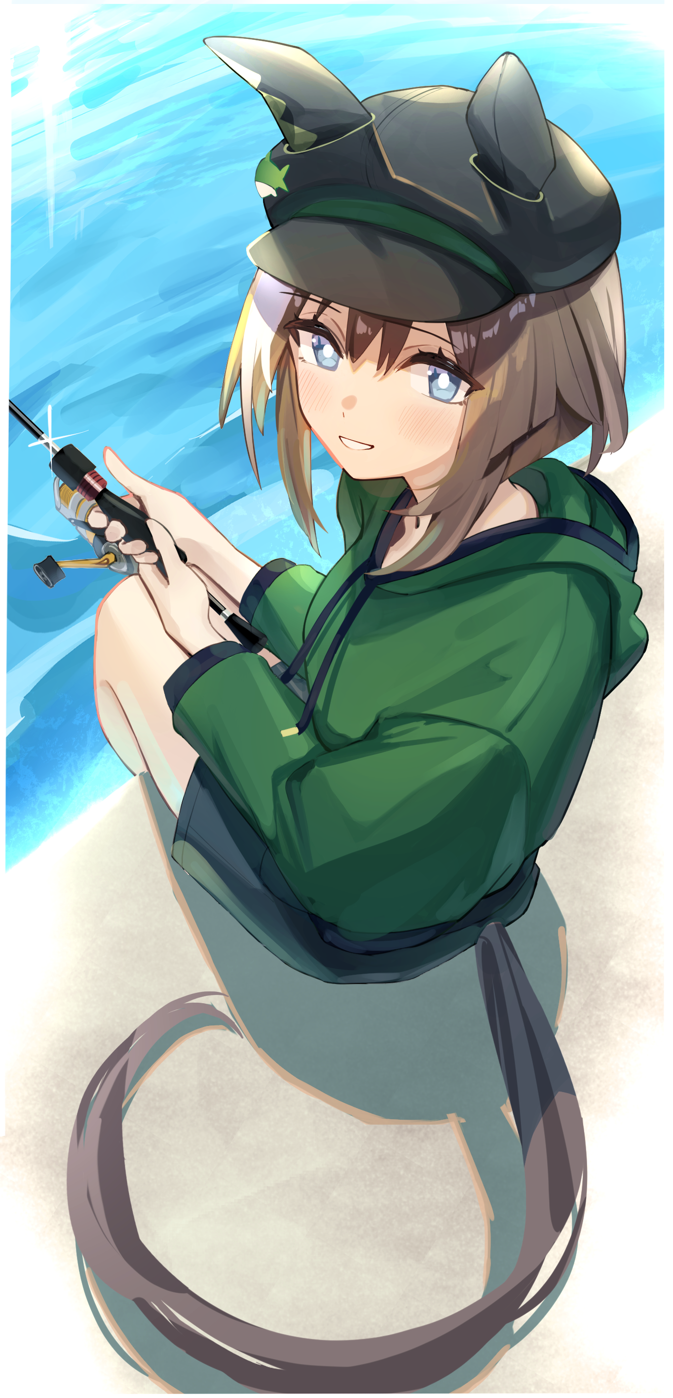 shiroserika, cheval grand (umamusume), umamusume, absurdres, commentary request, highres, 1girl, animal ears, black hat, black shorts, blue eyes, bright pupils, brown hair, fishing, fishing rod, green jacket, hat, hood, hooded jacket, horse ears, horse girl, horse tail, jacket, looking at viewer, short hair, shorts, sitting, tail, thighs, water, white pupils