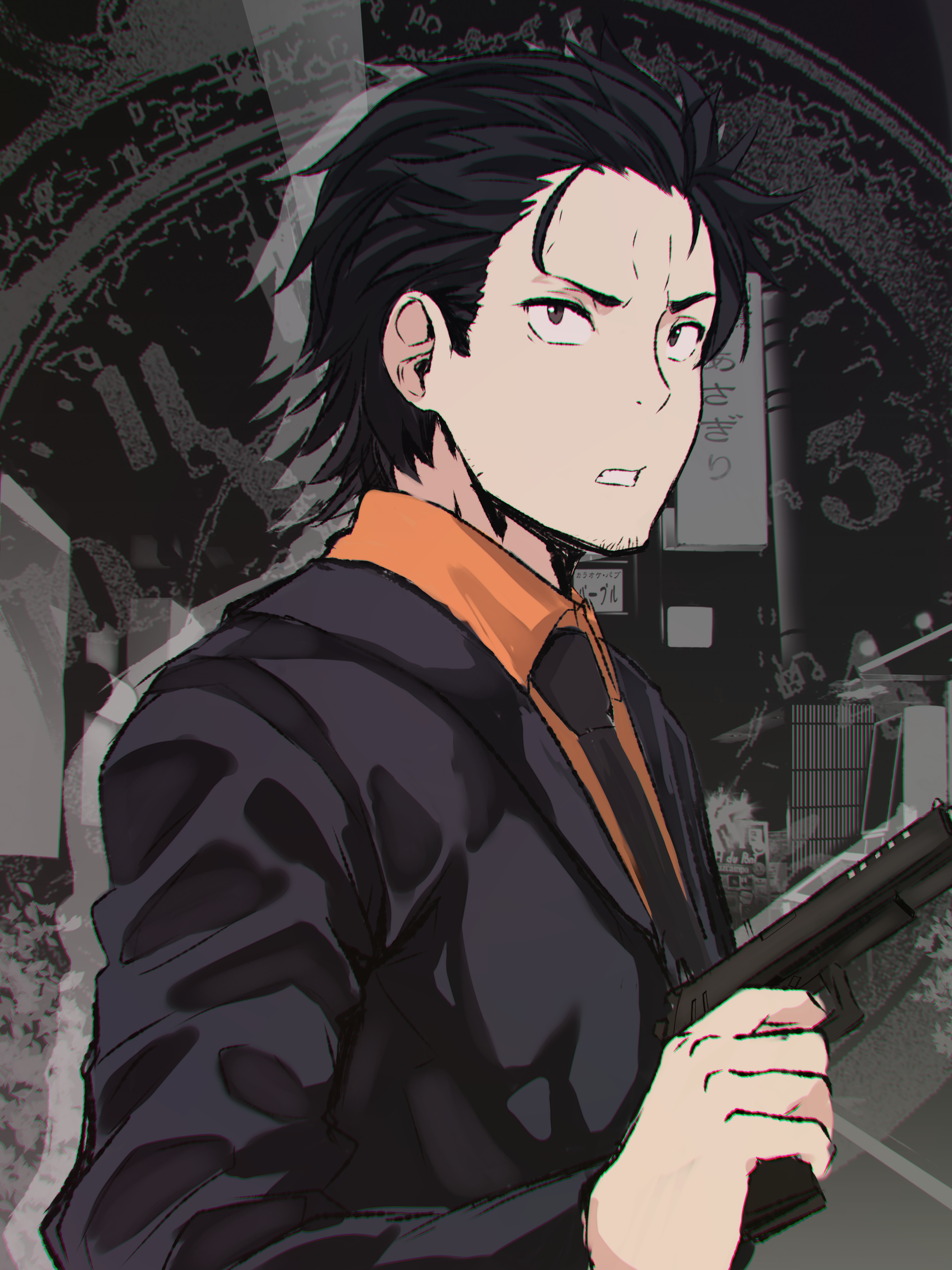 zerobarto, natsuki subaru, re:zero kara hajimeru isekai seikatsu, absurdres, highres, 1boy, black hair, cityscape, collared shirt, dark background, facial hair, formal clothes, glowing, gun, handgun, holding, holding weapon, jacket, looking to the side, male focus, necktie, orange shirt, serious, shadow, shirt, short hair, stubble, suit, upper body, weapon