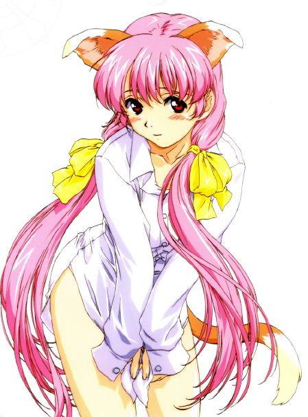 artist request, character request, copyright request, tagme, 1girl, animal ears, female focus, long hair, looking at viewer, pink hair, shirt, simple background, solo, tail, white shirt