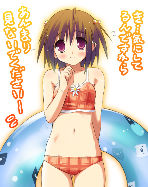 eretto, 1girl, bikini, brown hair, cowboy shot, female focus, hair bobbles, hair ornament, innertube, navel, orange bikini, pig, plaid bikini, plaid clothes, short hair, solo, swim ring, swimsuit, white background