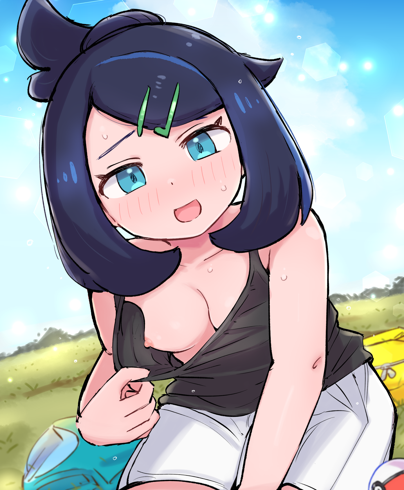 kutabireta neko, liko (pokemon), nintendo, pokemon, pokemon (anime), pokemon horizons, commentary request, highres, textless version, 1girl, black hair, black shirt, blue eyes, breasts, cloud, collarbone, day, grass, hair ornament, hairclip, light blush, looking at viewer, nipples, no bra, open mouth, outdoors, poke ball, poke ball (basic), shirt, shirt tug, shorts, sky, sleeveless, sleeveless shirt, solo, sweat, swept bangs, white shorts