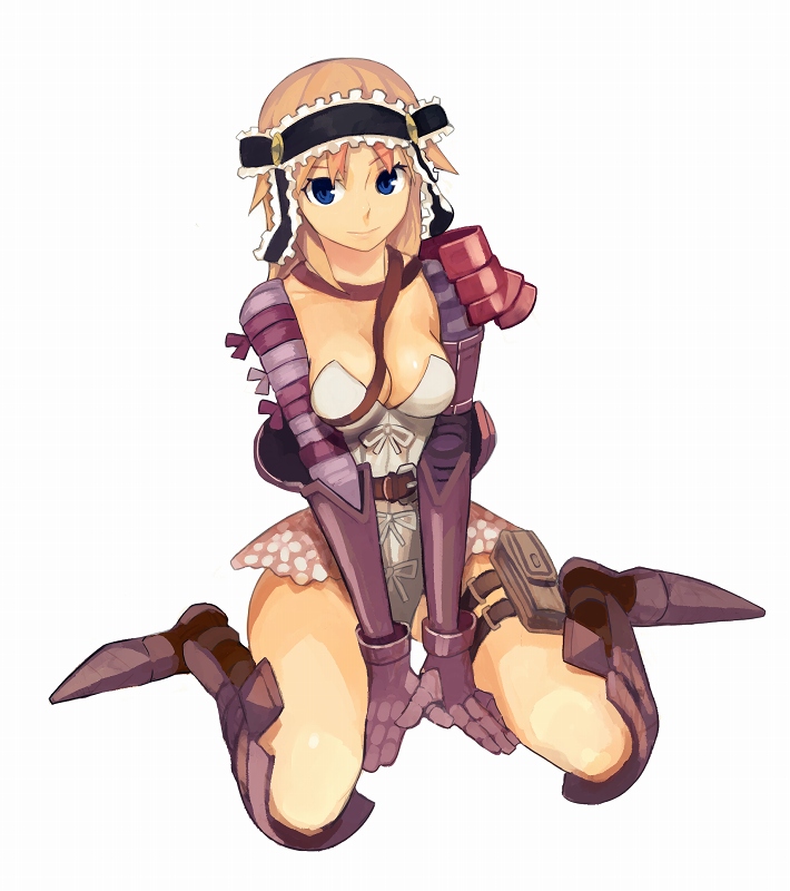 forgotten artist, ryman, monster hunter (character), capcom, monster hunter (series), 1girl, armor, blonde hair, blue eyes, breasts, cleavage, female focus, medium breasts, solo