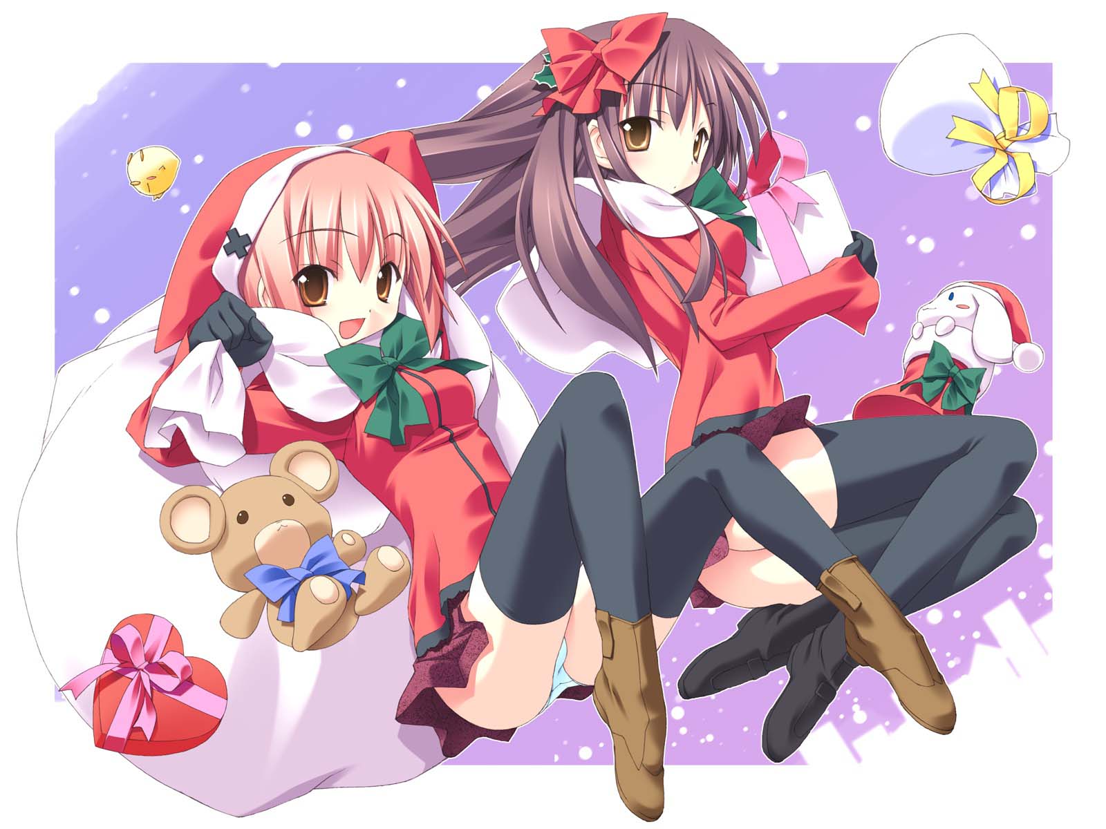 kannagi rei, highres, 2girls, ass, bag, black thighhighs, bow, brown eyes, christmas, gift, gloves, hair bow, hat, multiple girls, panties, pantyshot, pink hair, purple hair, ribbon, sack, santa costume, short hair, sitting, skirt, snow, snowing, stuffed animal, stuffed toy, teddy bear, thighhighs, underwear, white panties, yellow eyes, zettai ryouiki