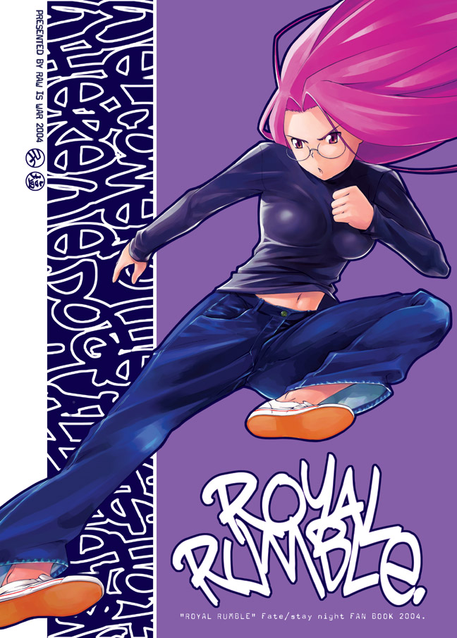 medusa (fate), medusa (rider) (fate), fate/stay night, fate (series), non-web source, 00s, 1girl, casual, denim, female focus, glasses, jeans, kicking, long hair, midriff, no socks, official alternate costume, pants, purple hair, solo, square pupils