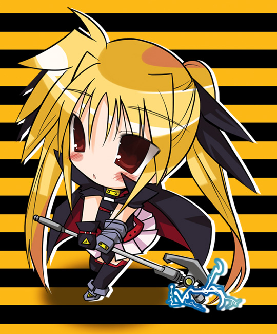 yamaguchi shinnosuke, bardiche (assault form) (nanoha), bardiche (nanoha), fate testarossa, fate testarossa (lightning form), lyrical nanoha, mahou shoujo lyrical nanoha, 00s, 1girl, belt, blonde hair, cape, chibi, chibi only, electricity, female focus, gauntlets, gloves, magical girl, red eyes, single gauntlet, single glove, solo, thighhighs, twintails
