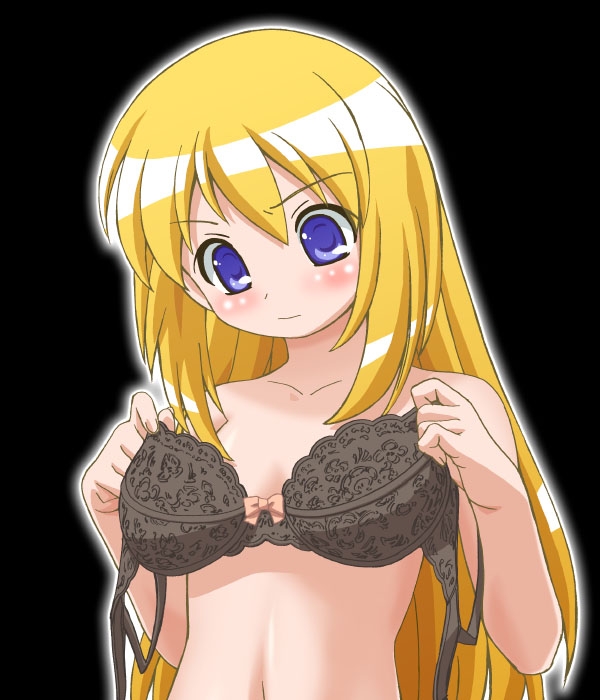 1girl, black background, blonde hair, blue eyes, blush, bra, day-for-night, female focus, lingerie, loli, nude, simple background, solo, underwear