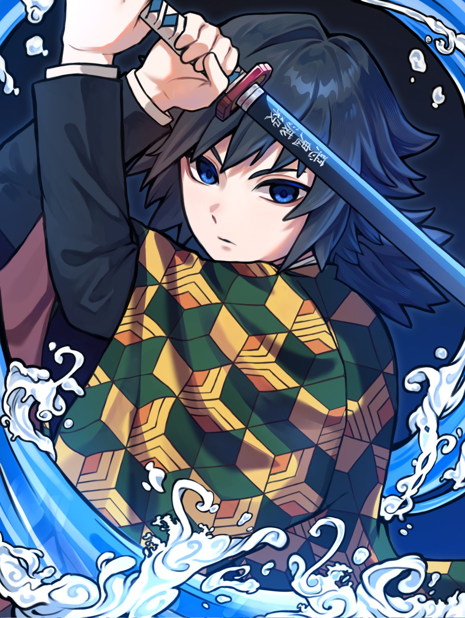 tomioka giyuu, kimetsu no yaiba, highres, 1boy, black hair, black jacket, blue eyes, demon slayer uniform, empty eyes, haori, holding, holding sword, holding weapon, jacket, japanese clothes, katana, looking at viewer, low ponytail, male focus, ponytail, print haori, red haori, solo, spiked hair, sword, upper body, usagi00524, water, weapon