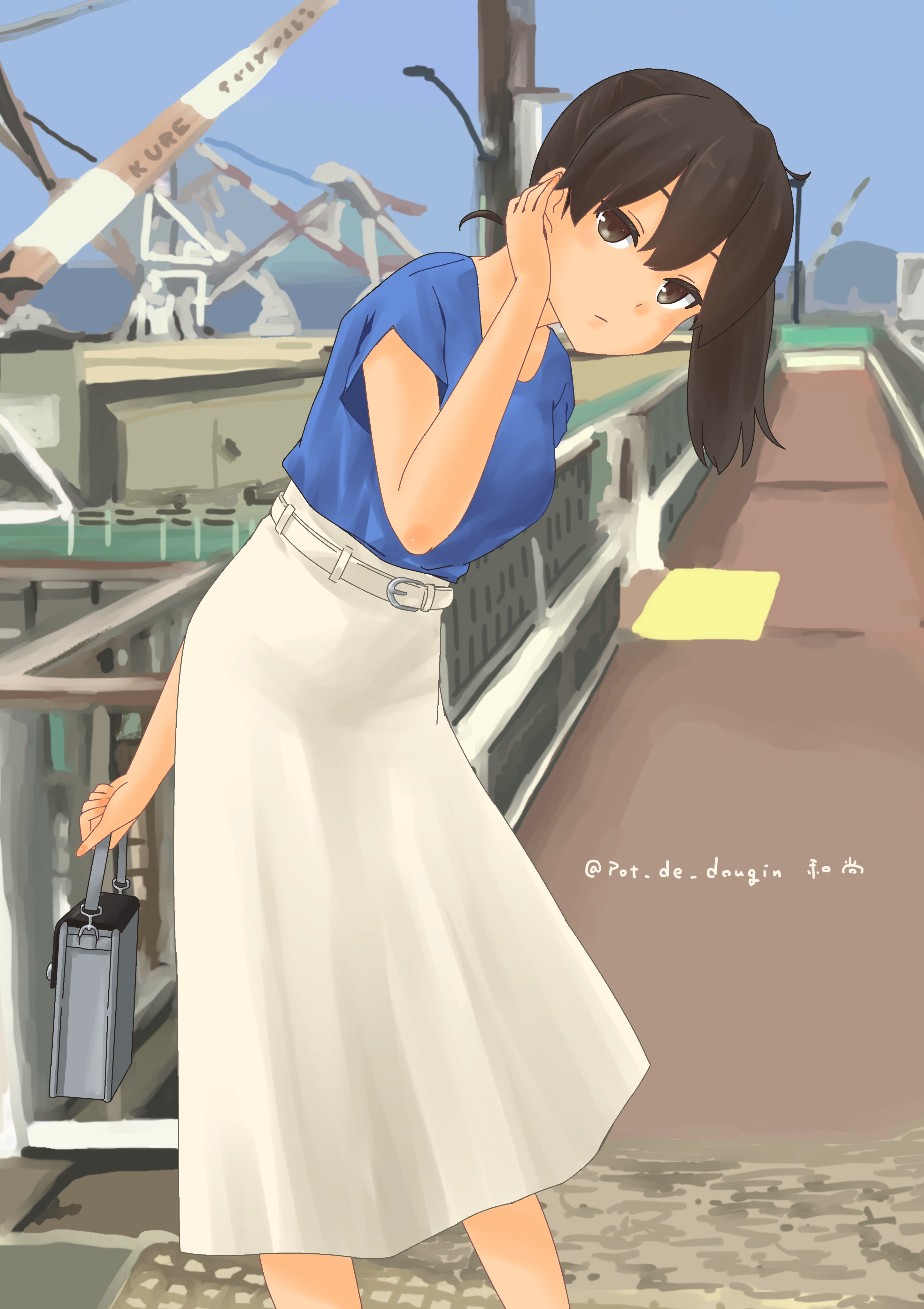 pot-de, kaga (kancolle), kantai collection, absurdres, commentary request, highres, 1girl, black hair, blue sky, brown eyes, cloud, day, feet out of frame, kaga (kure) (kancolle), leaning forward, looking at viewer, official alternate costume, outdoors, railing, side ponytail, skirt, sky, solo, twitter username, white skirt