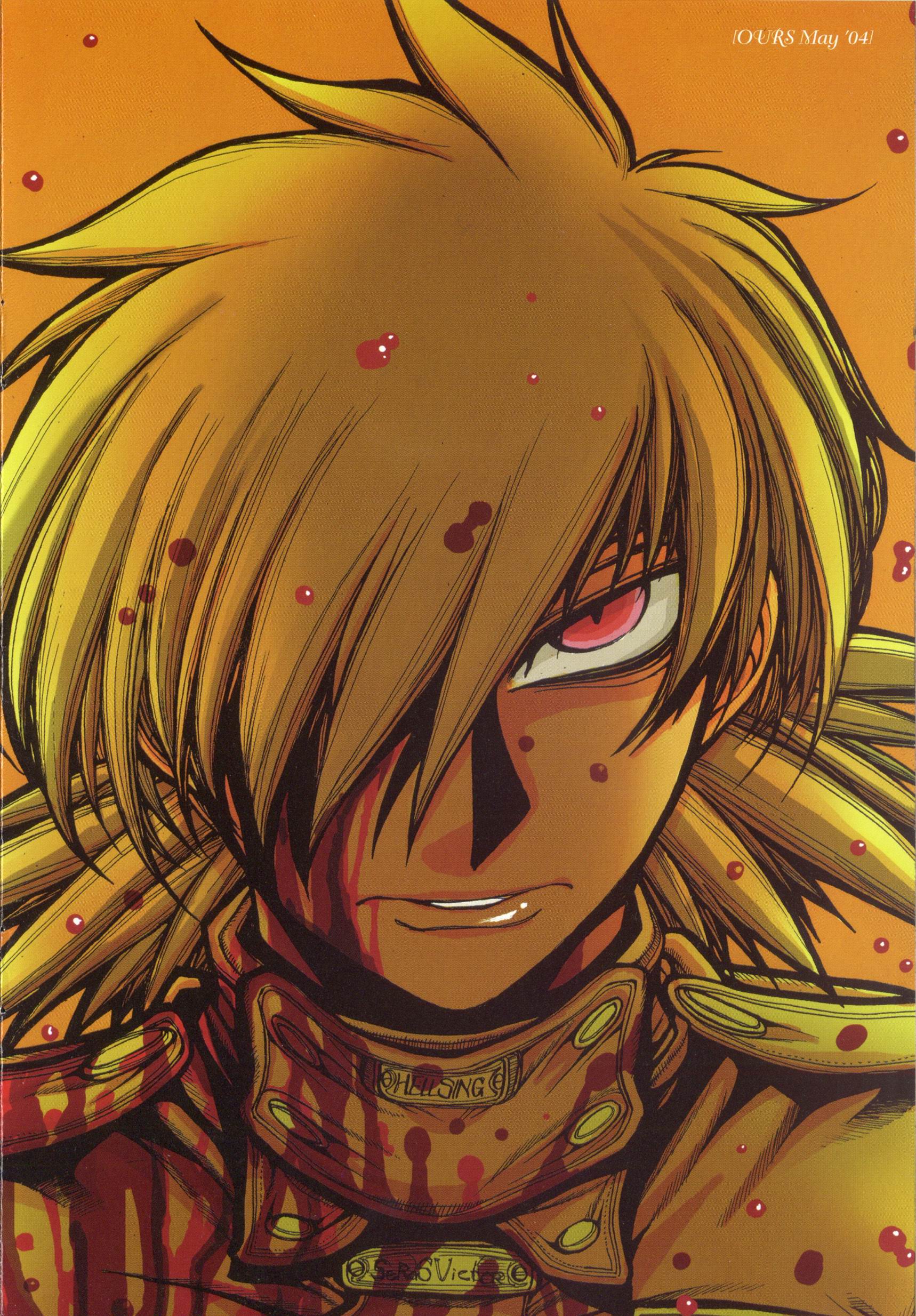 seras victoria, hellsing, absurdres, highres, 1girl, blonde hair, blood, female focus, hair over one eye, red eyes, simple background, solo