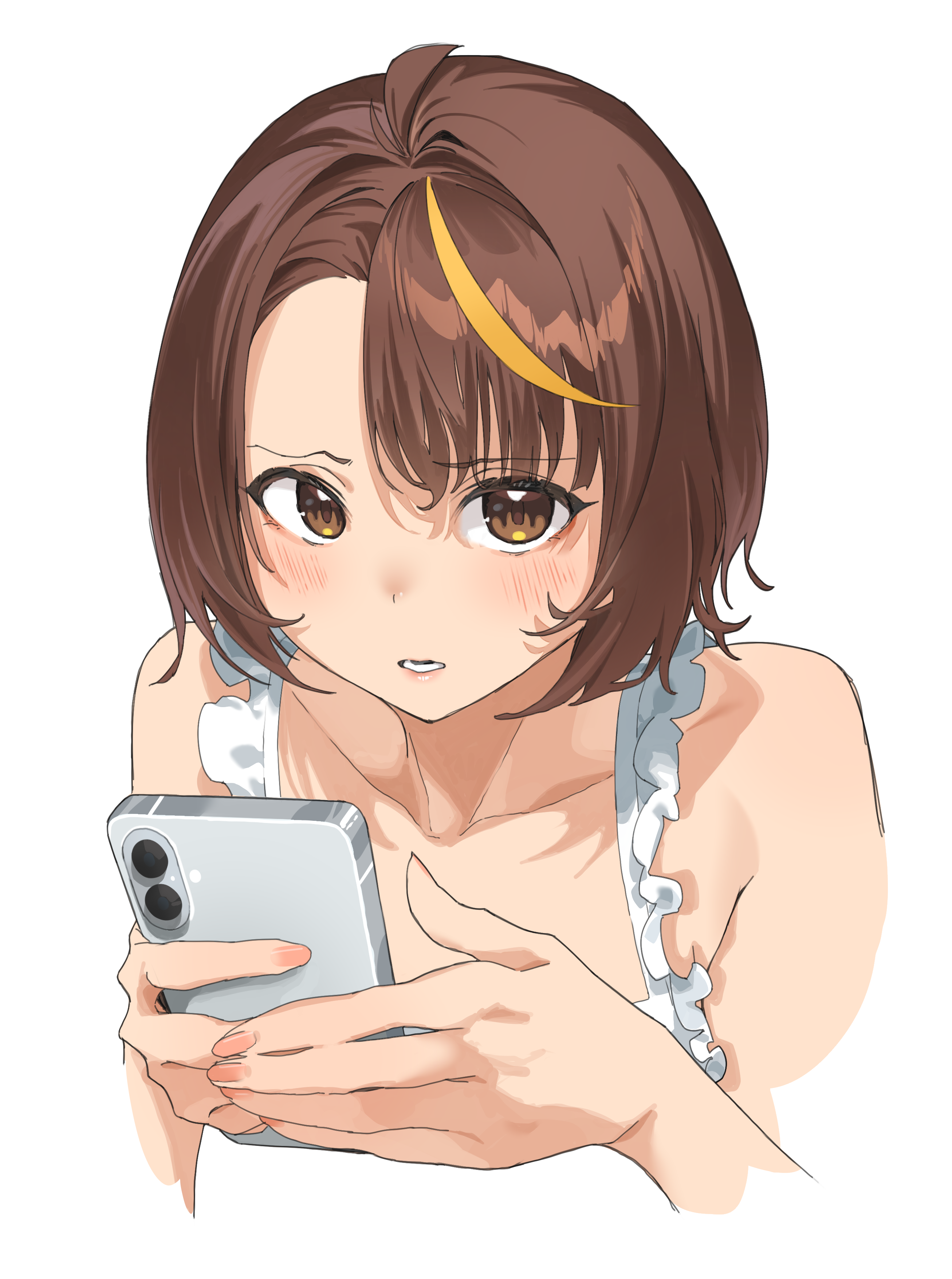 lewdrawings, original, absurdres, commentary, english commentary, highres, 1girl, ahoge, asymmetrical bangs, blush, bob cut, brown hair, collarbone, embarrassed, fingernails, frills, holding, holding phone, looking at viewer, nashi (lewdrawings), nose blush, parted lips, phone, portrait, shirt, short hair, simple background, sleeveless, sleeveless shirt, white background