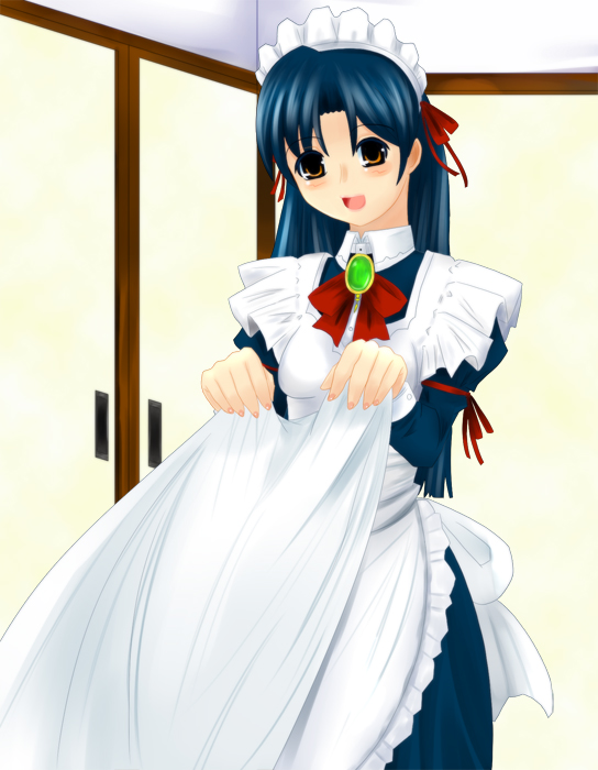 character request, copyright request, tagme, 1girl, blue hair, female focus, indoors, long hair, maid, solo, standing