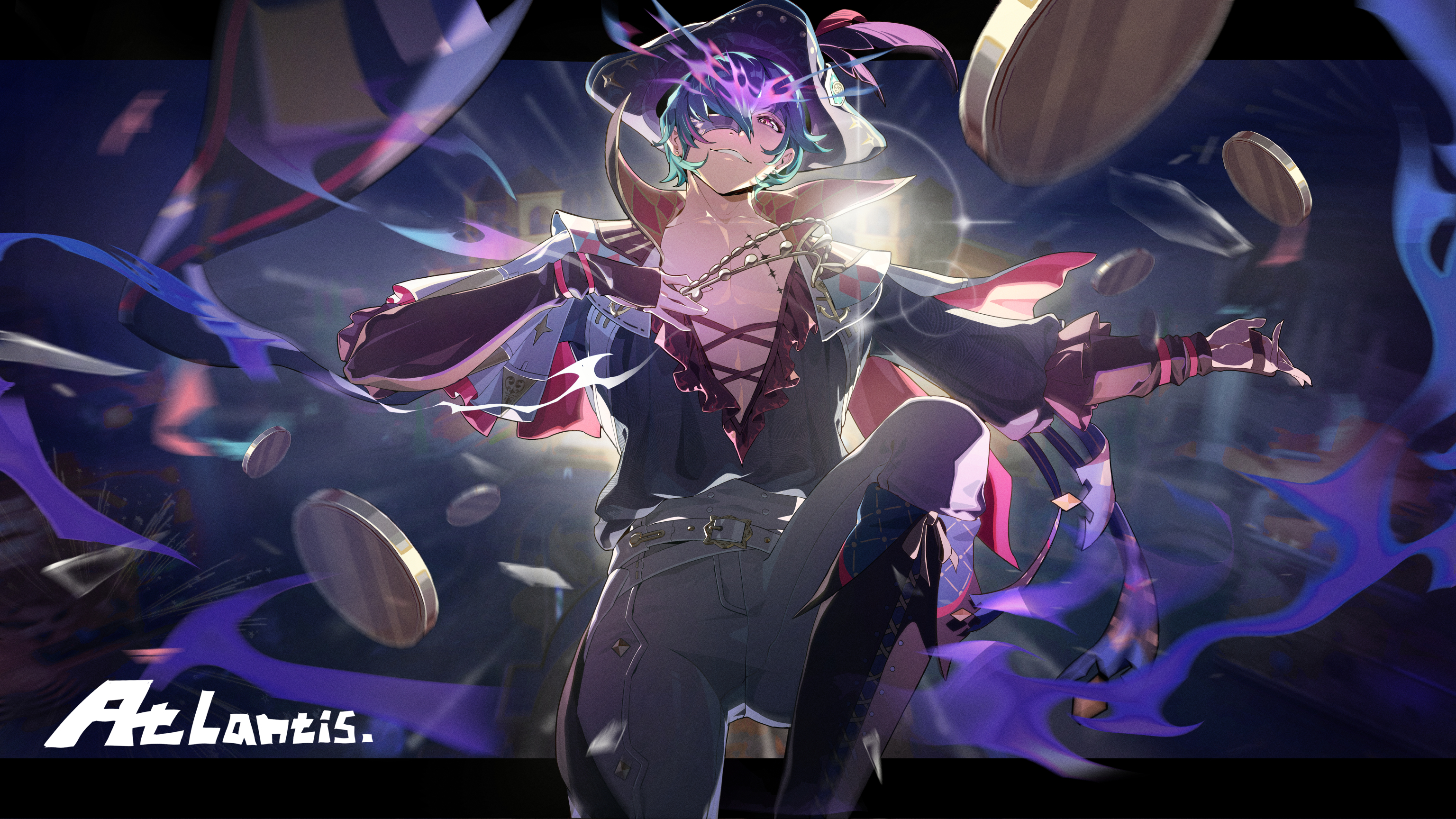 atlantis (artist), brant (wuthering waves), wuthering waves, highres, 1boy, artist name, backlighting, belt, blue hair, coin, collarbone, cowboy shot, earrings, hair between eyes, hair over one eye, hat, holster, jewelry, knee up, letterboxed, long sleeves, looking at viewer, male focus, open clothes, pants, puffy long sleeves, puffy sleeves, purple eyes, shirt, short hair, smile, solo, stud earrings, tacet mark (wuthering waves), teeth, toned, toned male, tricorne, white belt, white pants
