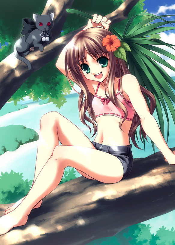 hiroyama hiroshi, arima miyako, tsukihime, 00s, 1girl, :d, animal, arm up, barefoot, brown hair, cat, crop top, denim, denim shorts, feet, female focus, flat chest, flower, green eyes, hair flower, hair ornament, in tree, legs, long hair, midriff, navel, open mouth, shorts, sitting, sitting in tree, smile, solo, toes, tree