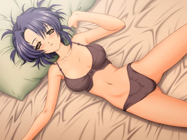 kazuma muramasa, oshikake harem, sekilala, game cg, 1girl, bed, bed sheet, black bra, black panties, blue hair, blush, bow, bow bra, bra, breasts, brown eyes, collarbone, female focus, large breasts, lingerie, looking at viewer, lying, navel, open mouth, panties, pillow, sheet grab, short hair, solo, underwear, yellow eyes