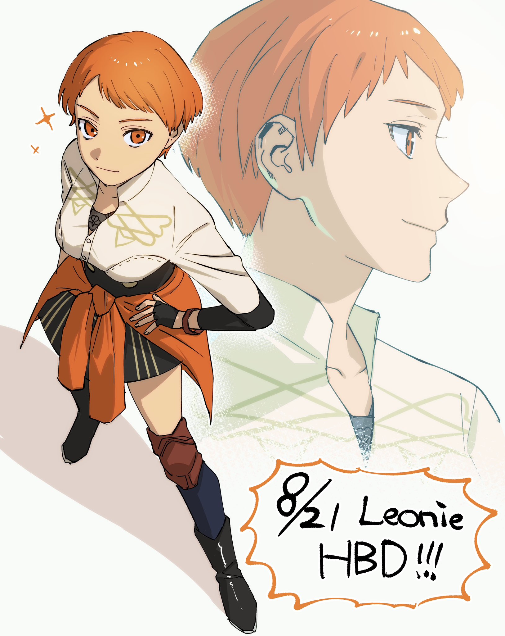 leonie pinelli, fire emblem, fire emblem: three houses, nintendo, highres, 1girl, black boots, black gloves, boots, breasts, closed mouth, english text, fingerless gloves, from above, full body, garreg mach monastery uniform, gloves, knee pads, kneehighs, looking at viewer, looking to the side, medium breasts, mkpj32, orange eyes, orange hair, shadow, short hair, simple background, skirt, socks, solo, teeth, waist cape, white background