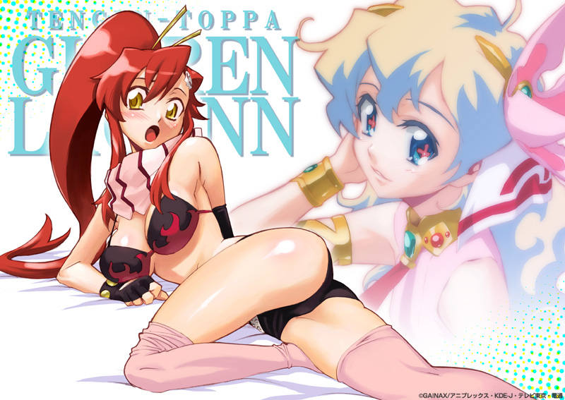 mori kotarou, nia teppelin, yoko littner, tengen toppa gurren lagann, + +, 00s, 2girls, armlet, ass, bikini, bikini top only, blush, bracelet, breasts, cleavage, cross-shaped pupils, fingerless gloves, flower, gainaxtop, gloves, hair flower, hair ornament, jewelry, large breasts, legs, long hair, micro shorts, multicolored hair, multiple girls, pink thighhighs, ponytail, red hair, scarf, short shorts, shorts, sleeveless, swimsuit, symbol-shaped pupils, thighhighs, yellow eyes