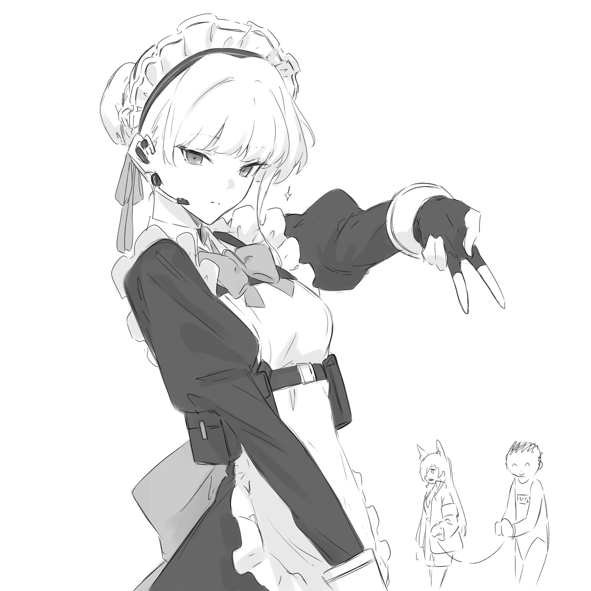 kanade (kanade 3344), doodle sensei (blue archive), kanna (blue archive), sensei (blue archive), toki (blue archive), blue archive, highres, 1boy, 2girls, animal ears, earpiece, fingerless gloves, gloves, greyscale, gyaru v, juliet sleeves, long hair, long sleeves, maid, maid headdress, monochrome, multiple girls, puffy sleeves, short hair, simple background, sparkle, v, white background