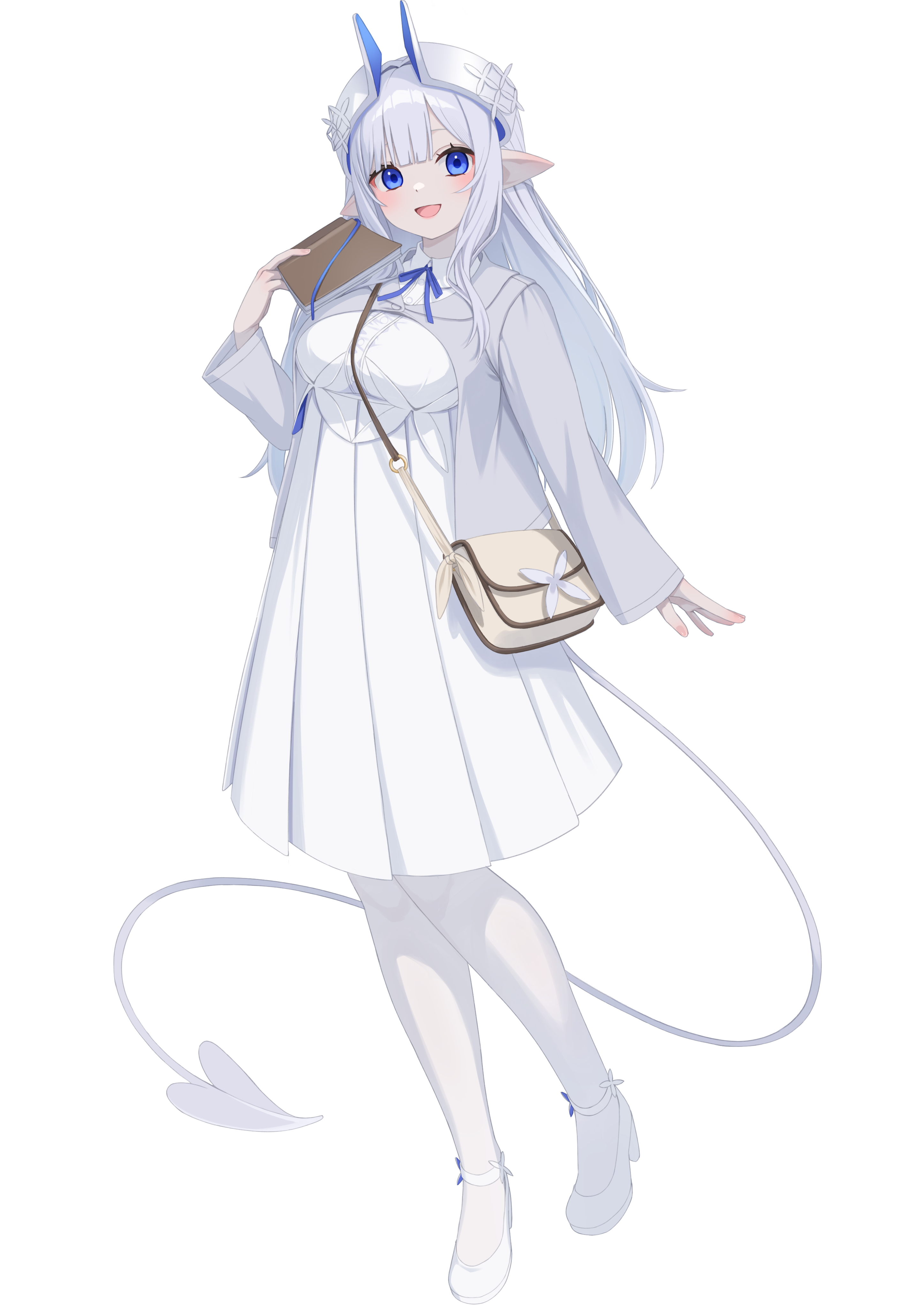 hashiko nowoto, original, absurdres, commentary request, highres, 1girl, :d, bag, blue eyes, blush, book, breasts, collared shirt, dress shirt, full body, grey hair, grey jacket, hand up, high-waist skirt, holding, holding book, horns, jacket, long hair, looking at viewer, medium breasts, open book, open mouth, pantyhose, pleated skirt, pointy ears, shirt, shoes, shoulder bag, simple background, skirt, smile, solo, standing, standing on one leg, tail, very long hair, white background, white pantyhose, white shirt, white shoes, white skirt
