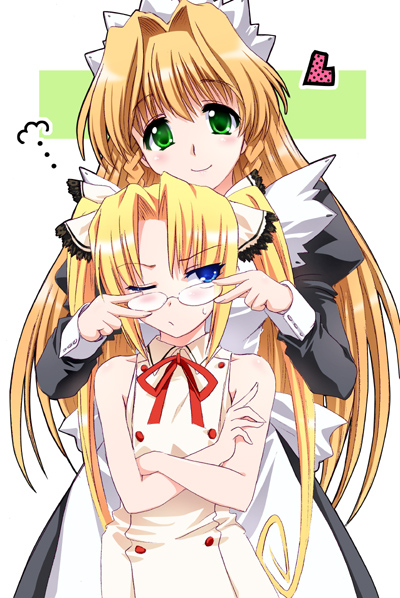 otaut-r, kuonji miyu, uesugi mihato, kimi ga aruji de shitsuji ga ore de, fume, 00s, 2girls, ;o, angry, annoyed, apron, bare shoulders, blonde hair, blue eyes, blush, buttons, crossed arms, double-breasted, dress, glasses, heart, height difference, long sleeves, looking at viewer, maid, maid apron, multiple girls, one eye closed, parted lips, simple background, sleeveless, sleeveless dress, twintails, white background, yuri