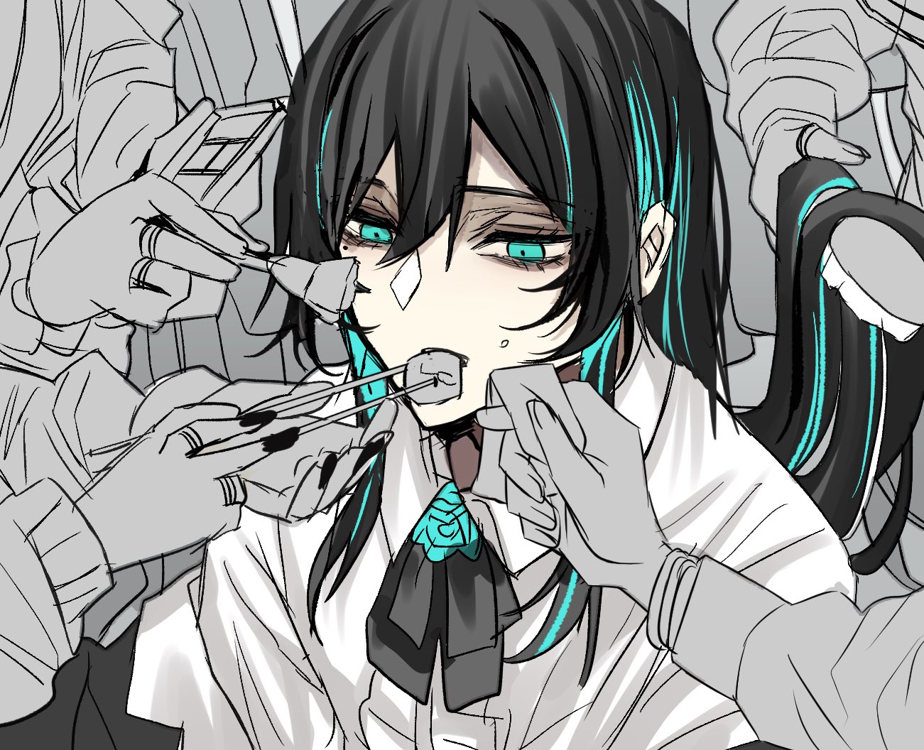 gunjyou (gunjyou 00), chando (ado), ado (utaite), commentary request, 1girl, 4others, applying makeup, black hair, blue eyes, blue hair, brushing hair, chopsticks, colored inner hair, feeding, hair between eyes, jewelry, long hair, multicolored hair, multiple others, multiple rings, partially colored, people, ring, shirt, upper body, utaite, white shirt
