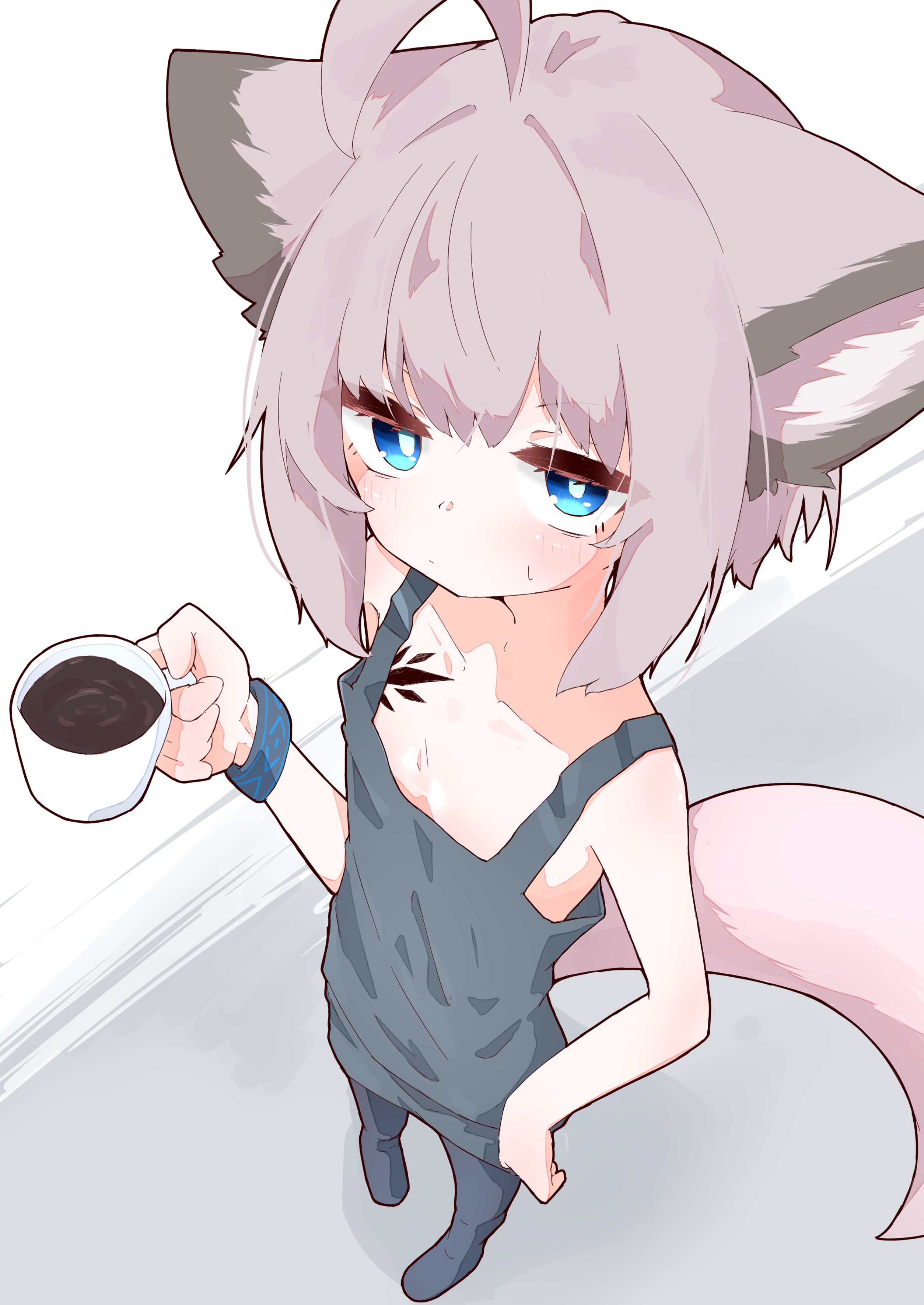 rano u rabe, sussurro (arknights), arknights, absurdres, highres, 1girl, ahoge, animal ears, blue eyes, brown hair, closed mouth, coffee mug, cup, drink, fox ears, fox tail, from above, hand on own hip, holding, holding drink, mug, pantyhose, short hair, tail, tank top