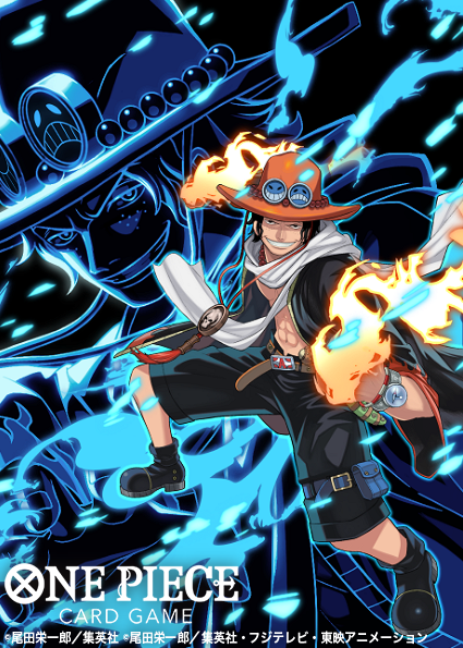 denim2, portgas d. ace, one piece, one piece card game, commentary request, official art, 1boy, abs, black hair, boots, coat, copyright name, fire, full body, hat, looking at viewer, male focus, multiple views, orange hat, pouch, scarf, short hair, smile, solo, thigh pouch, white scarf