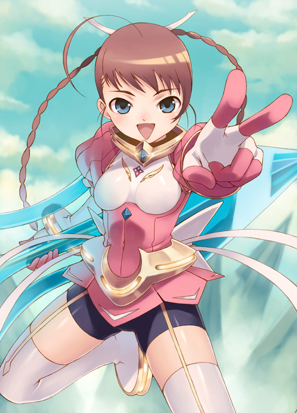 tasaka shinnosuke, arika yumemiya, my-otome, 00s, 1girl, ahoge, blue eyes, boots, braid, brown hair, female focus, juliet sleeves, long sleeves, puffy sleeves, solo, thigh boots, thighhighs, tight clothes, triangle mouth, twin braids, v, white boots
