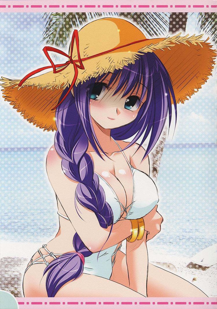 watsuki ayamo, minase akiko, kanon, beach, blue eyes, breasts, purple hair, swimsuit