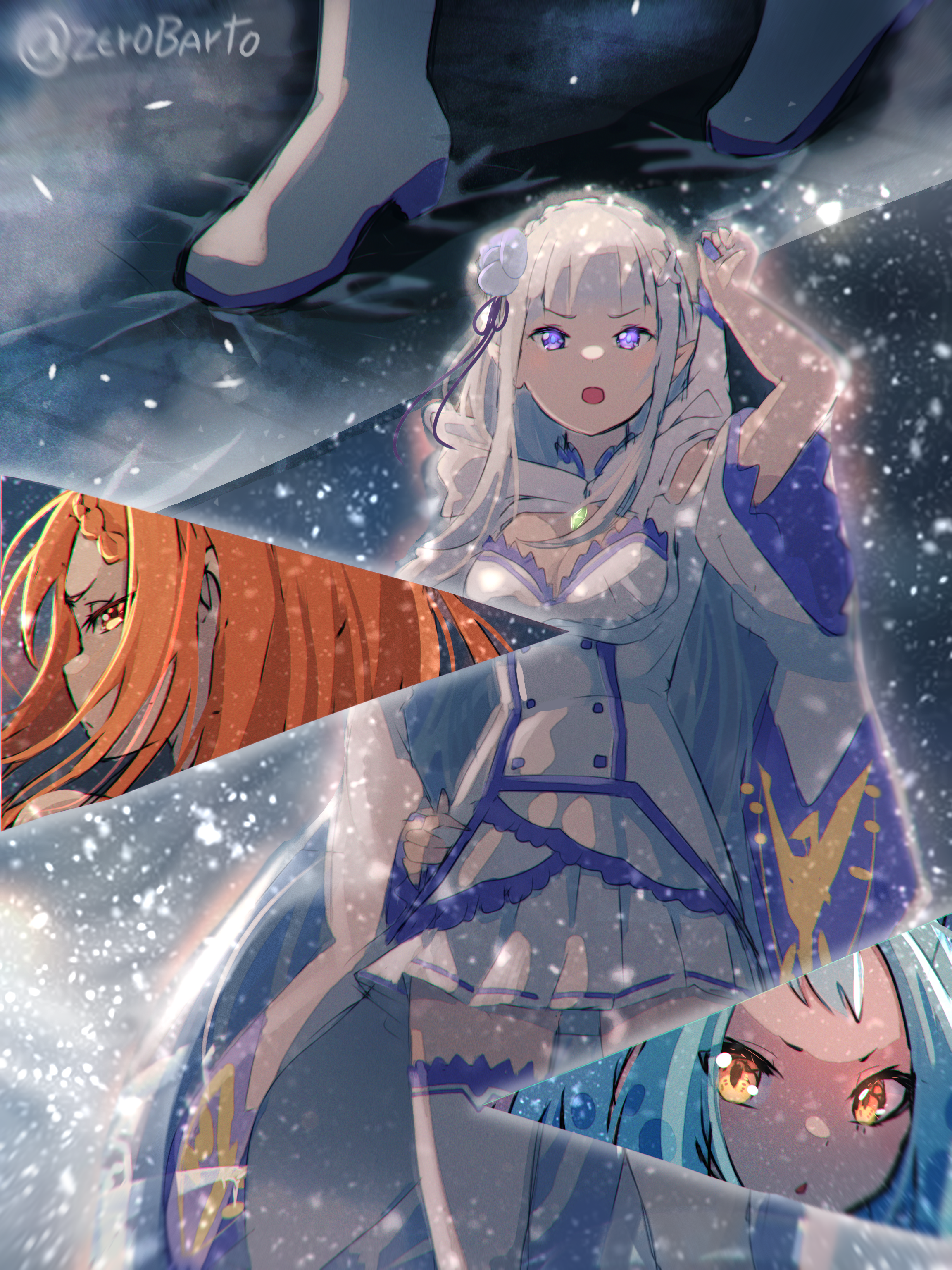 zerobarto, emilia (re:zero), priscilla barielle, re:zero kara hajimeru isekai seikatsu, absurdres, character request, highres, 3girls, angry, blue hair, braid, breasts, cape, cleavage, dress, fantasy, glowing, hair between eyes, hair ornament, ice, jewelry, long hair, multiple girls, multiple views, necklace, orange eyes, orange hair, outdoors, purple eyes, red eyes, snow, split screen, white hair
