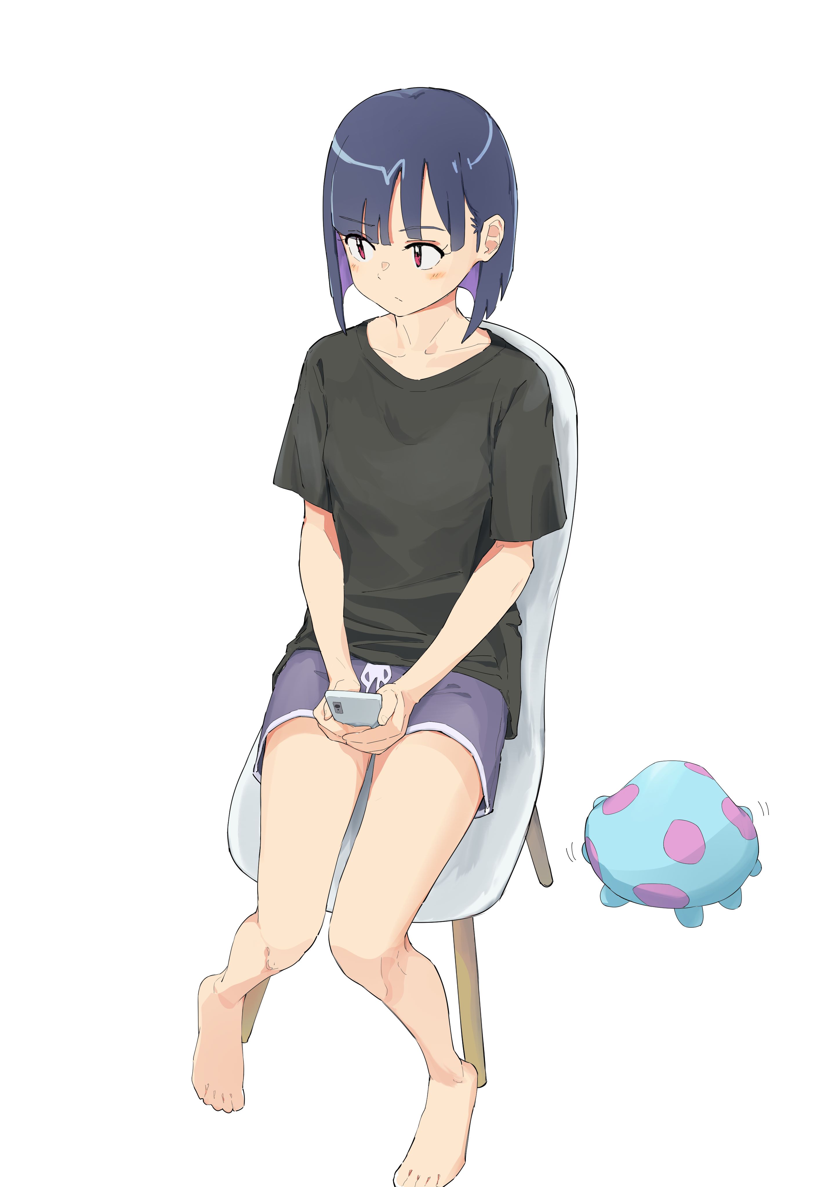 takeked, suride miku, do it yourself!!, absurdres, highres, 1girl, barefoot, black shirt, blush, closed mouth, full body, shirt, short hair, shorts, sitting, solo