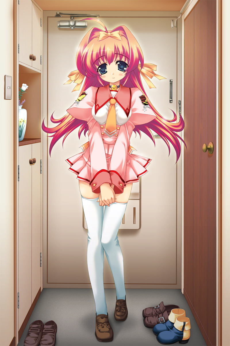 yuuki hagure, aikawa mao, kiss me me!, blue footwear, brown footwear, highres, 1girl, ahoge, bell, blue eyes, blush, boots, bow, bowtie, breasts, brown hair, choker, door, female focus, flower, hair bow, hair ribbon, jacket, jingle bell, light switch, long hair, long sleeves, looking at viewer, medium breasts, neck bell, pink jacket, pink skirt, puffy sleeves, ribbon, school uniform, shirt, shoes, skirt, smile, solo, standing, thighhighs, unworn boots, unworn shoes, vase, waist bow, white shirt, white thighhighs, yellow bow, yellow bowtie, yellow ribbon