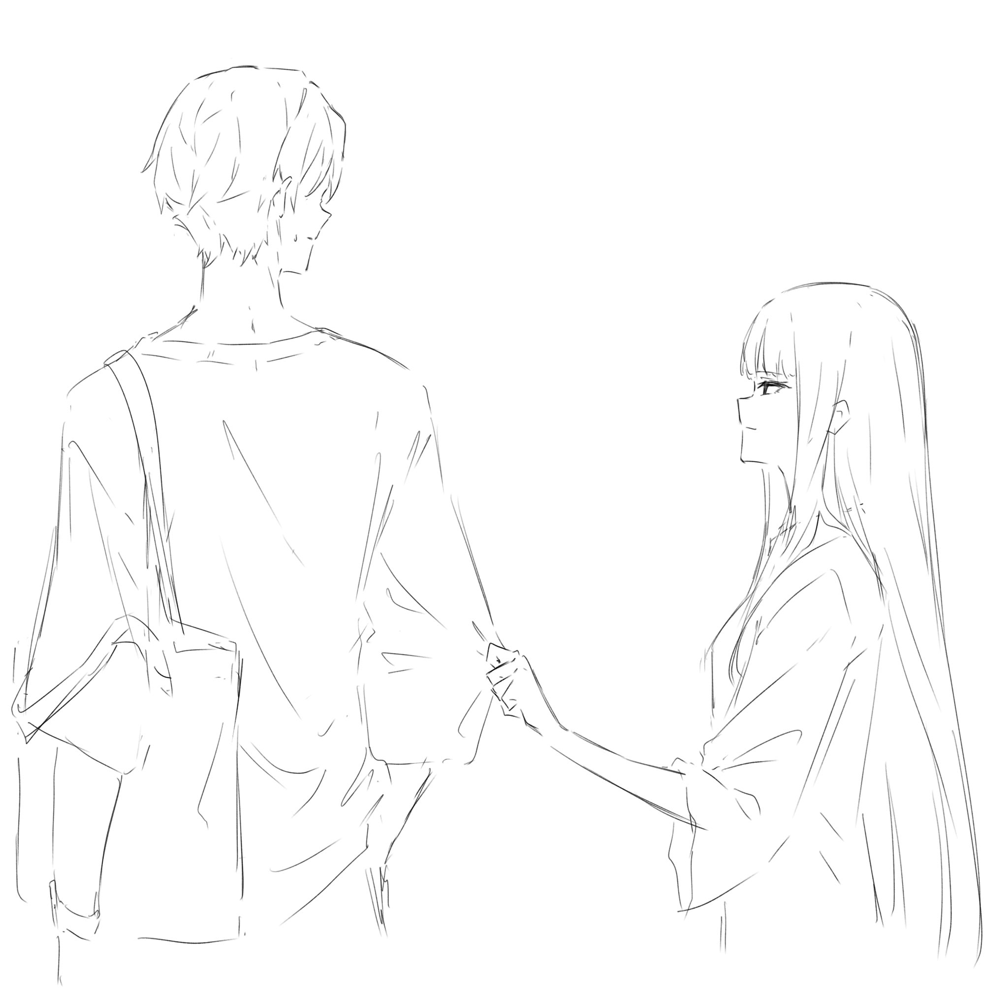 kanade (kanade 3344), original, highres, 1boy, 1girl, clothes grab, greyscale, long hair, monochrome, shirt, short hair, sidelocks, simple background, sleeve grab, three-quarter sleeves, white background, yahazu tobira