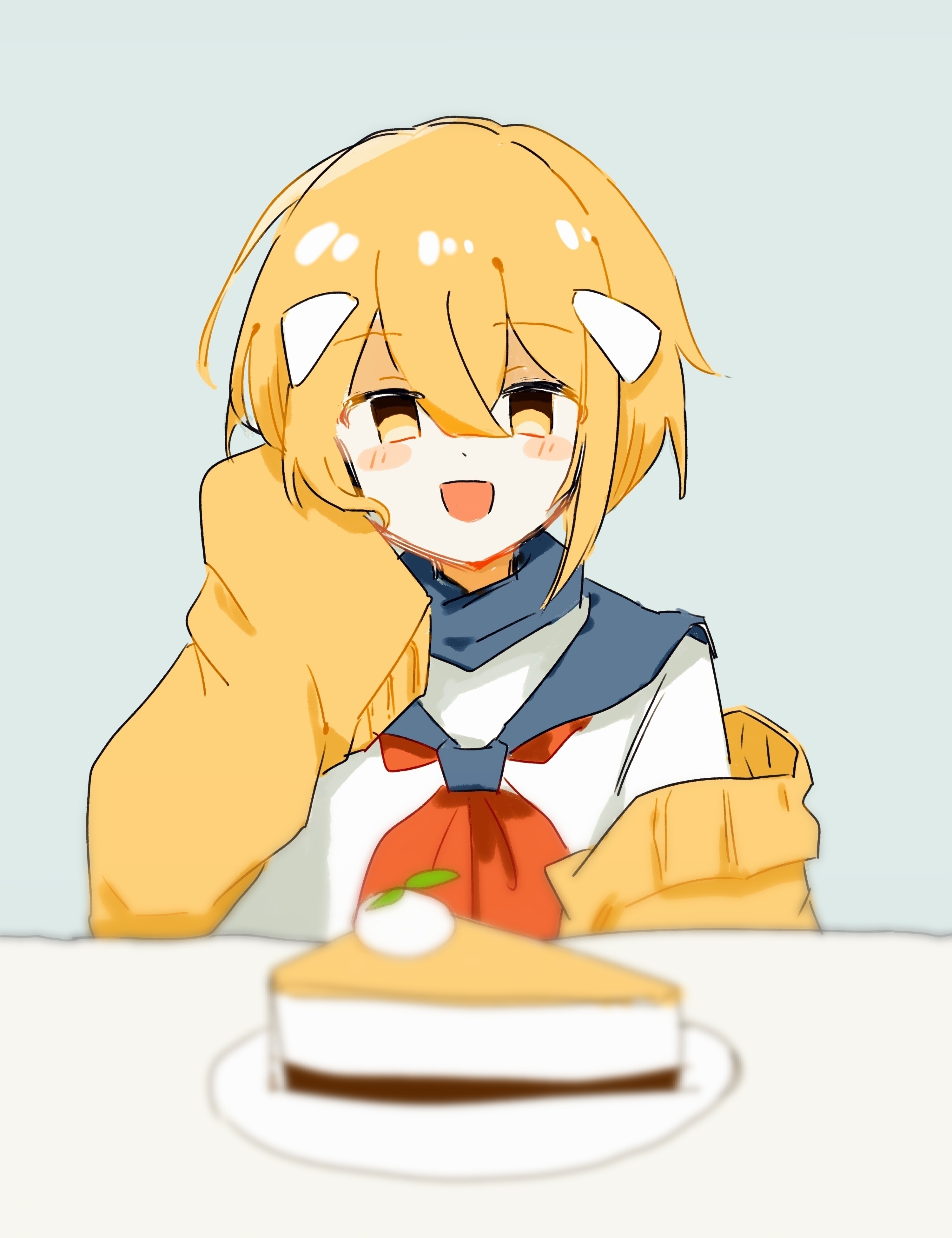 original, absurdres, highres, 1girl, blonde hair, blurry, blurry foreground, cake, cake slice, cardigan, food, grey sailor collar, long sleeves, looking at viewer, neckerchief, open cardigan, open clothes, open mouth, red neckerchief, sailor collar, school uniform, serafuku, sleeves past fingers, sleeves past wrists, smile, solo, upper body, yellow cardigan, yellow eyes, yuukeiii213