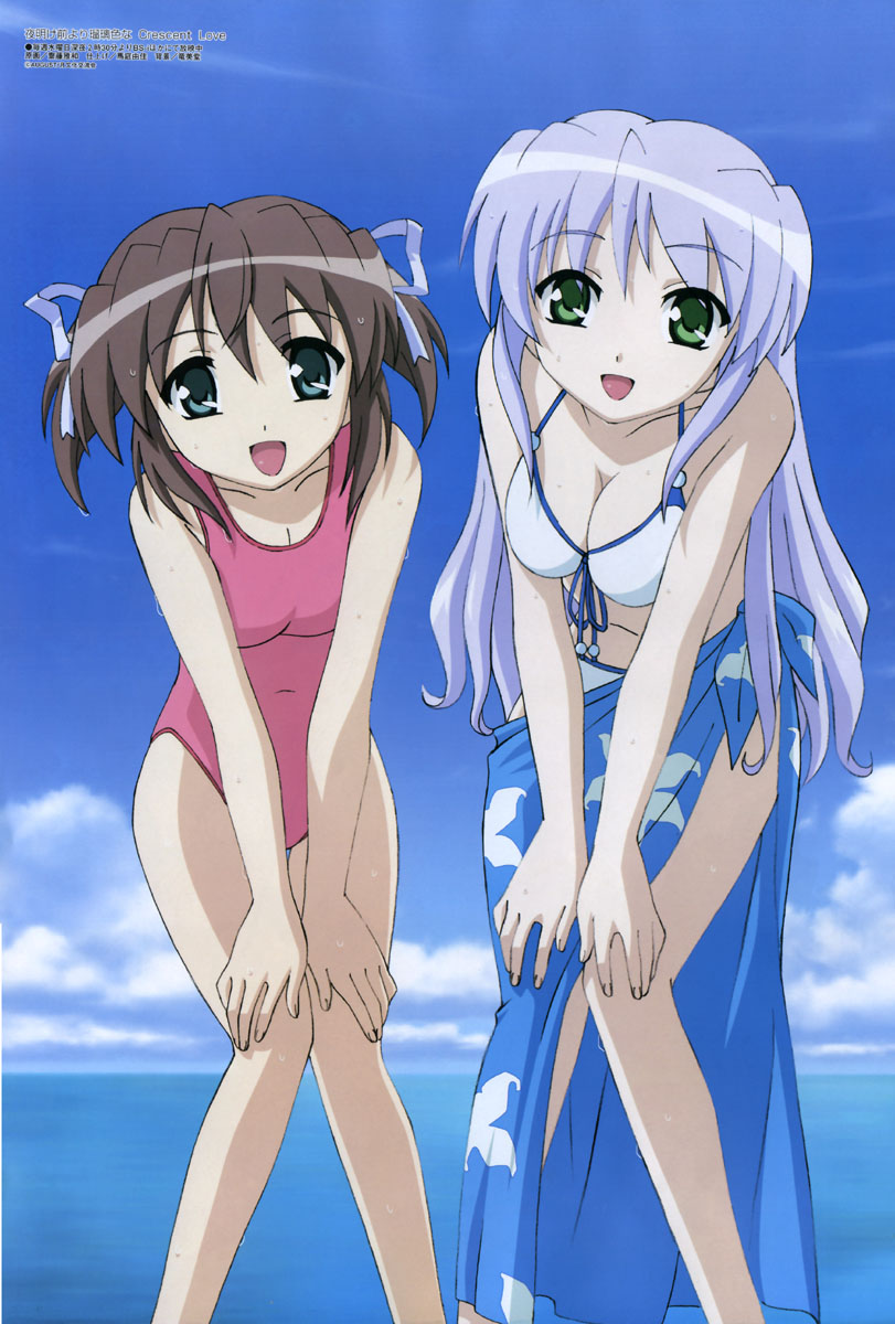 saitou masakazu, asagiri mai, feena fam earthlight, megami magazine, yoake mae yori ruri iro na, yoake mae yori ruri iro na: crescent love, light purple hair, highres, official art, scan, 2girls, :d, beads, bikini, blue eyes, blue sky, breasts, breasts squeezed together, casual one-piece swimsuit, cleavage, cloud, floral print, front-tie top, green eyes, grey hair, hair ribbon, hands on own knees, happy, knees together feet apart, leaning forward, long hair, looking at viewer, multiple girls, navel, ocean, one-piece swimsuit, open mouth, pink one-piece swimsuit, ribbon, sarong, short hair, short twintails, sidelocks, sky, smile, standing, swimsuit, twintails, very long hair, water, wet, wet hair, white bikini