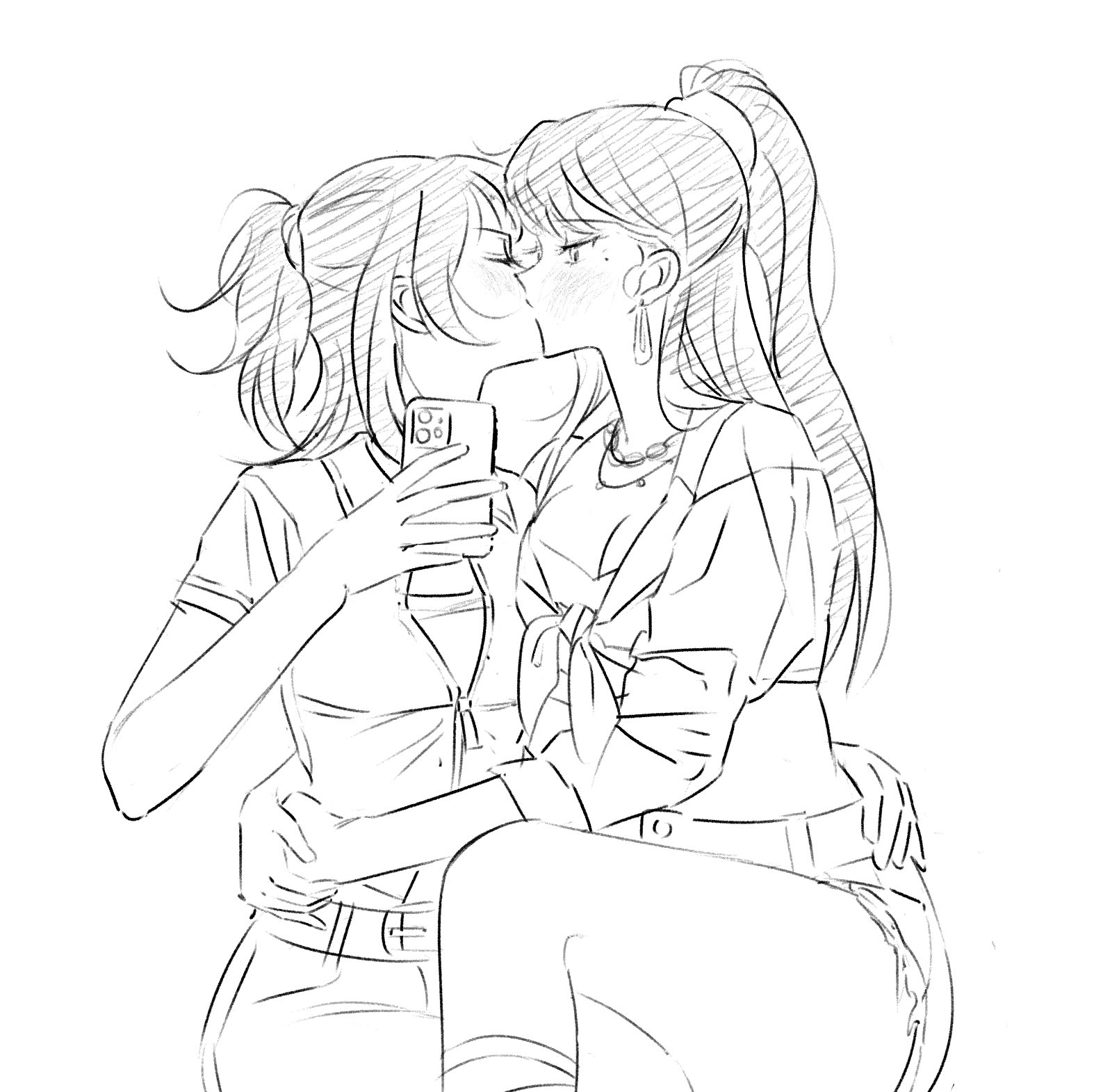 eoljukko, shiina taki, yahata umiri, bang dream!, bang dream! it's mygo!!!!!, commentary request, highres, korean commentary, 2girls, blush, cellphone, couple, earrings, greyscale, half updo, holding, holding phone, hug, jewelry, kiss, mole, mole under eye, monochrome, multiple girls, phone, ponytail, shirt, short sleeves, shorts, smartphone, yuri