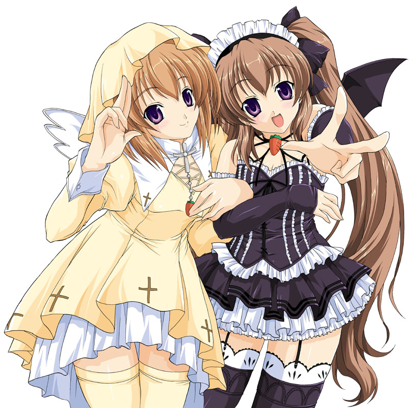 aizawa tomomi, pia carrot (series), artist request, tagme, 2girls, cowboy shot, female focus, looking at viewer, maid, multiple girls, simple background, standing, thighhighs, white background