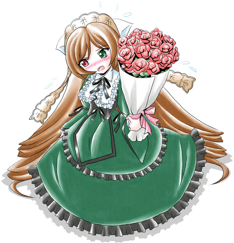 imai kazunari, suiseiseki, rozen maiden, 00s, blush, flower, headscarf, heterochromia, long hair, solo, very long hair, white headscarf