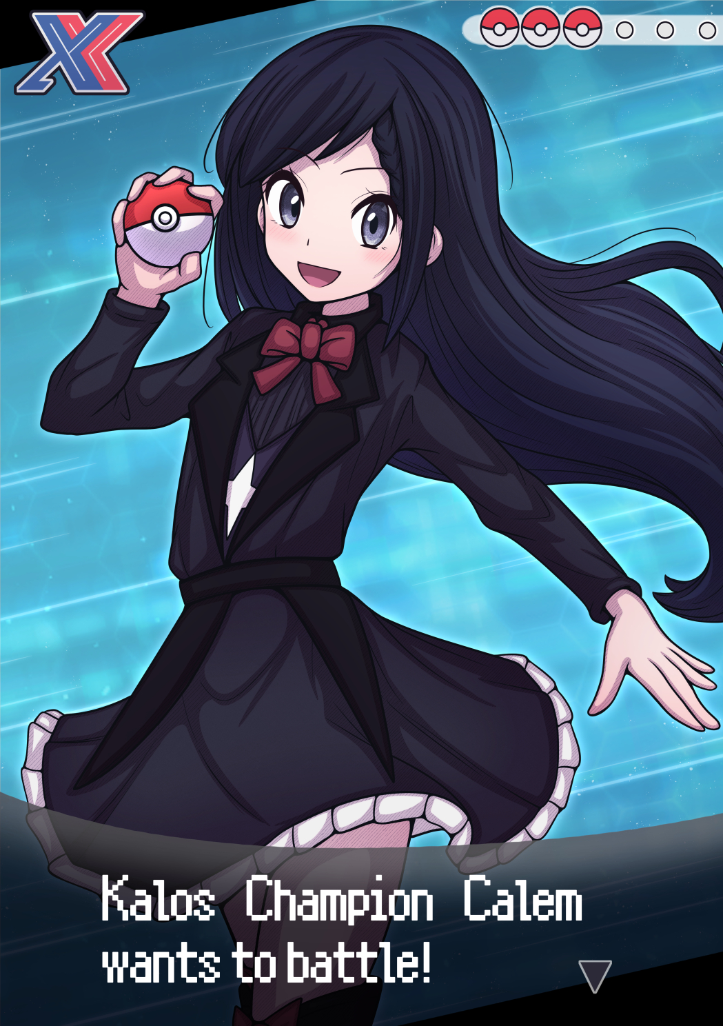hakusai (user nkkd7242), calem (pokemon), nintendo, pokemon, pokemon xy, commentary request, commission, highres, skeb commission, 1boy, :d, black dress, black hair, bow, bowtie, crossdressing, crossdressing (mtf), dress, english text, grey eyes, hand up, happy, holding, holding poke ball, long hair, long sleeves, looking at viewer, male focus, open mouth, poke ball, poke ball (basic), poke ball symbol, red bow, red bowtie, sidelocks, smile, solo, trainer wants to battle, trap