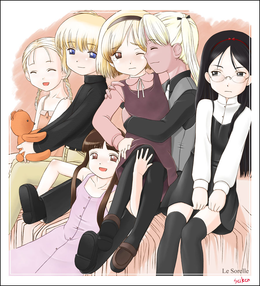 angelica (gunslinger girl), claes, elsa de sica, henrietta (gunslinger girl), rico (gunslinger girl), gunslinger girl, tagme, 00s, dress, glasses, short hair, smile, stuffed animal, stuffed toy, tears, teddy bear, thighhighs, trielahug, twintails