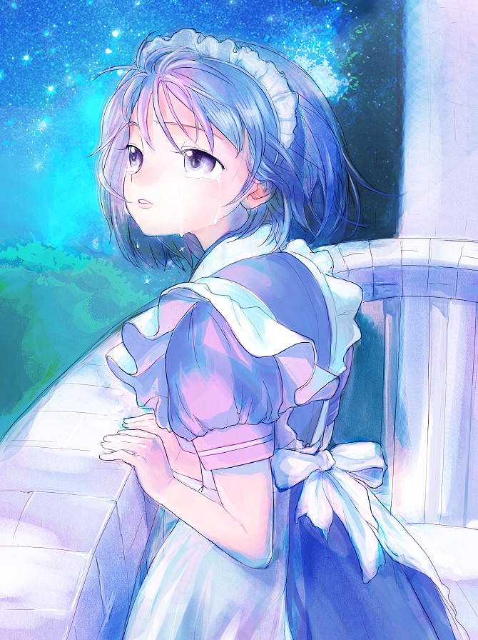 mekarauroko, original, 1girl, apron, balcony, blue hair, dress, female focus, maid, maid apron, maid headdress, night, night sky, parted lips, puffy short sleeves, puffy sleeves, purple eyes, short hair, short sleeves, sky, solo, star (sky), starry sky, tears