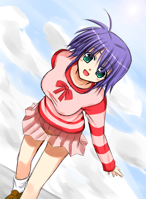 subaru nakajima, lyrical nanoha, mahou shoujo lyrical nanoha, mahou shoujo lyrical nanoha strikers, non-web source, 00s, casual, green eyes, open mouth, purple hair, short hair, skirt, smile, solo